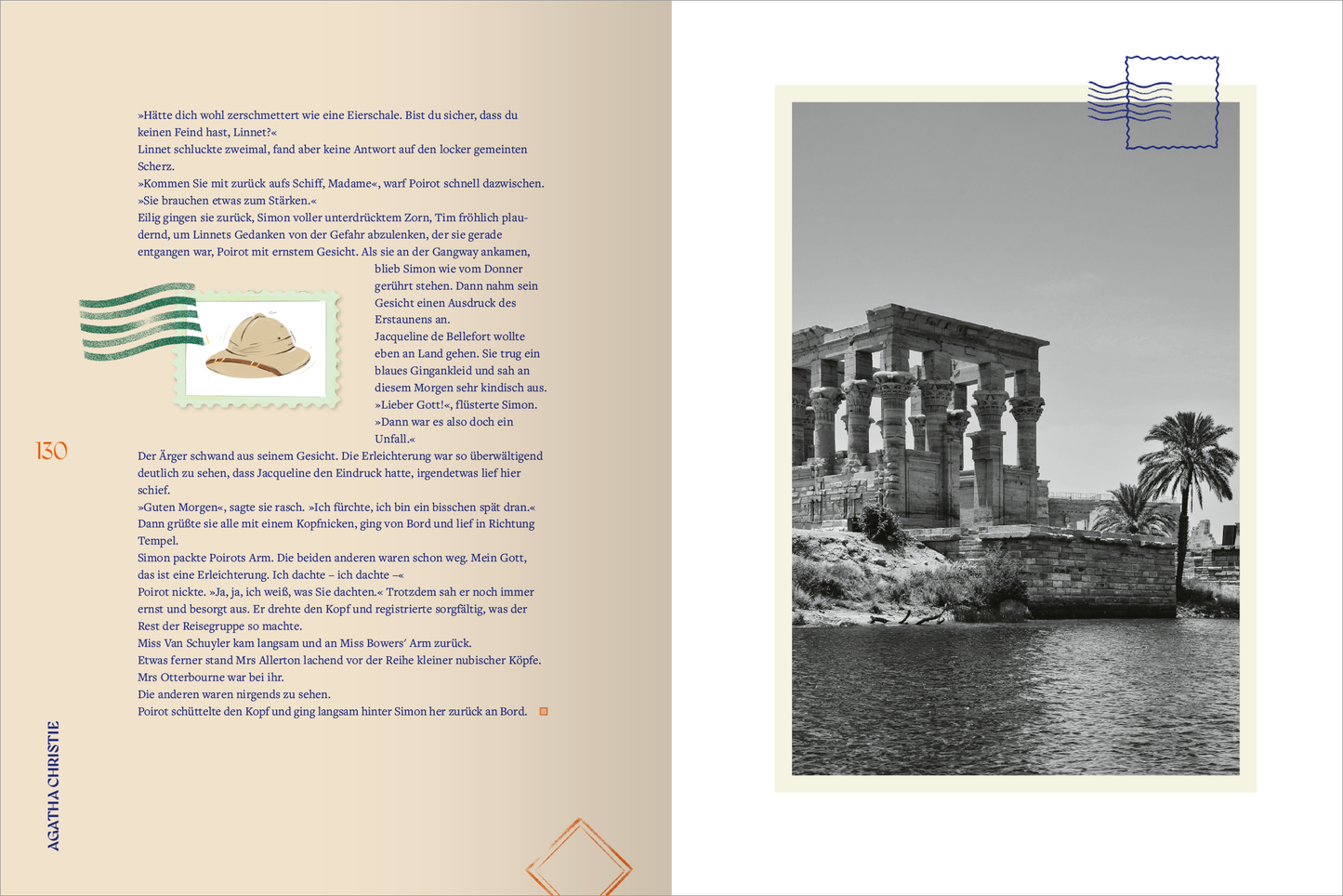 Gezeigt wird eine Innen- oder Zusatzansicht von „Frauen auf Reisen. Von der Freiheit unterwegs zu sein“. Die Seite zeigt links einen beige Hintergrund mit blauen und grünen grafischen Elementen, darunter ein stilisierter Hut. Rechts ist ein schwarz-weißes Bild eines Tempels am Wasser zu sehen, umgeben von Palmen. Der Text auf der linken Seite ist in einer sanften, gut lesbaren Schriftart gehalten, wobei einzelne Absätze durch die Farben harmonisch voneinander abgegrenzt werden.