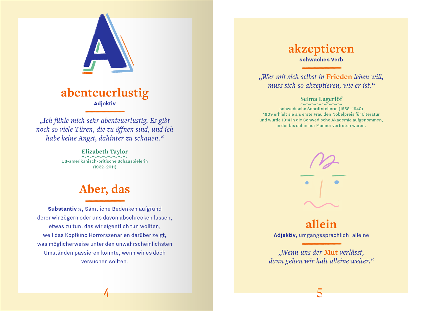 Gezeigt wird eine Innen- oder Zusatzansicht von „Wörterbuch für kluge Frauen“. Die Seite präsentiert eine kreative Typografie mit bunten Buchstaben, darunter ein großes „A“ für „abenteuerlustig“. Auf der linken Seite steht der Begriff in kräftiger, klarer Schrift, begleitet von einem Zitat der US-amerikanischen Schauspielerin Elizabeth Taylor. Die rechte Seite behandelt den Begriff „akzeptieren“ mit einem Zitat von Selma Lagerlöf. Beide Seiten sind in sanften Farbtönen...