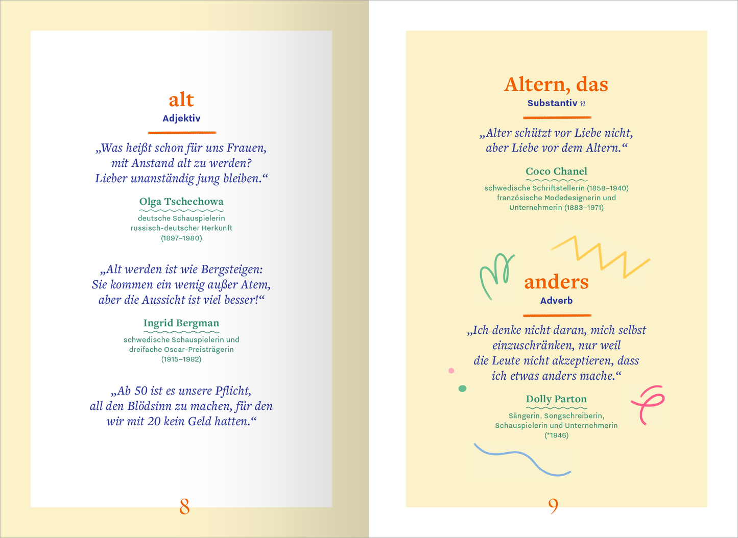 Gezeigt wird eine Innen- oder Zusatzansicht von „Wörterbuch für kluge Frauen“. Die Seite ist in zwei Hälften unterteilt. Links wird das Adjektiv „alt“ dargestellt, umgeben von einem sanften, hellen Hintergrund in Weiß und Grau. Die Texte sind in klarer, schwarzer und grüner Typografie gesetzt. Rechts befindet sich das Substantiv „Altern“ auf einem warmen, sandfarbenen Hintergrund. Die Überschrift ist in Orange, darunter stehen Zitate in verschiedenen Farben und Schriften,...