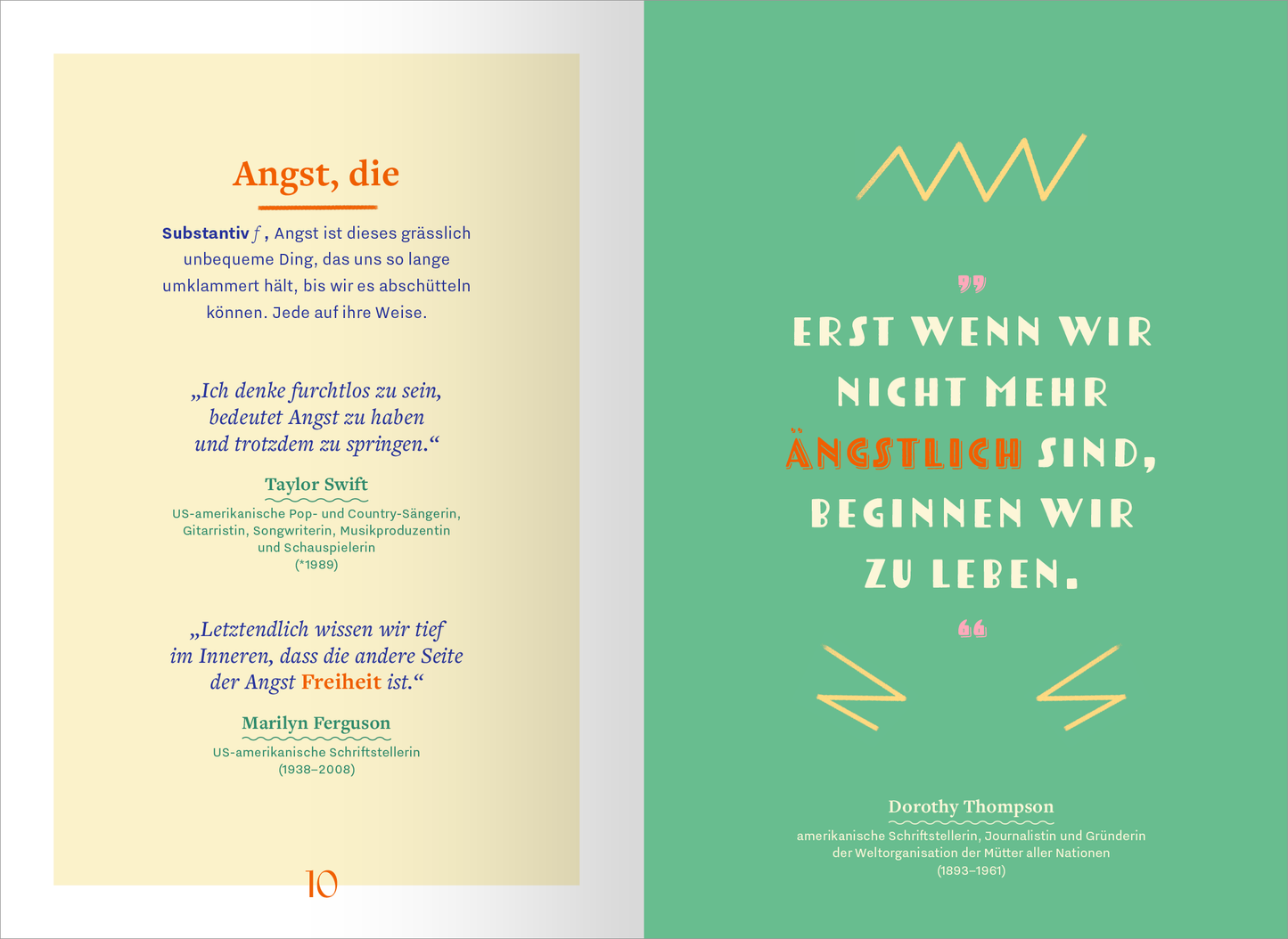 Gezeigt wird eine Innen- oder Zusatzansicht von „Wörterbuch für kluge Frauen“. Auf der linken Seite befindet sich der Begriffsdefinition „Angst, die“ in orangefarbener Schrift auf einem hellen Hintergrund, darunter Zitate von Taylor Swift und Marilyn Ferguson in schwarzer Schrift. Die rechte Seite zeigt einen grünen Hintergrund mit der Aussage „ERST WENN WIR NICHT MEHR ÄNGSTLICH SIND, BEGINNEN WIR ZU LEBEN.“ in großer, fetter Schrift, umrahmt von dekorativen, geometrischen...