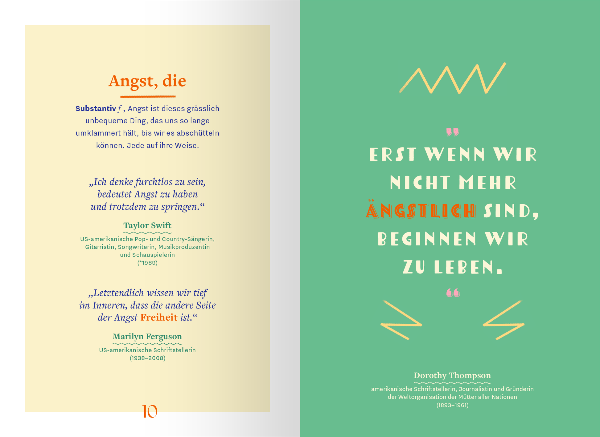 Gezeigt wird eine Innen- oder Zusatzansicht von „Wörterbuch für kluge Frauen“. Auf der linken Seite befindet sich der Begriffsdefinition „Angst, die“ in orangefarbener Schrift auf einem hellen Hintergrund, darunter Zitate von Taylor Swift und Marilyn Ferguson in schwarzer Schrift. Die rechte Seite zeigt einen grünen Hintergrund mit der Aussage „ERST WENN WIR NICHT MEHR ÄNGSTLICH SIND, BEGINNEN WIR ZU LEBEN.“ in großer, fetter Schrift, umrahmt von dekorativen, geometrischen...