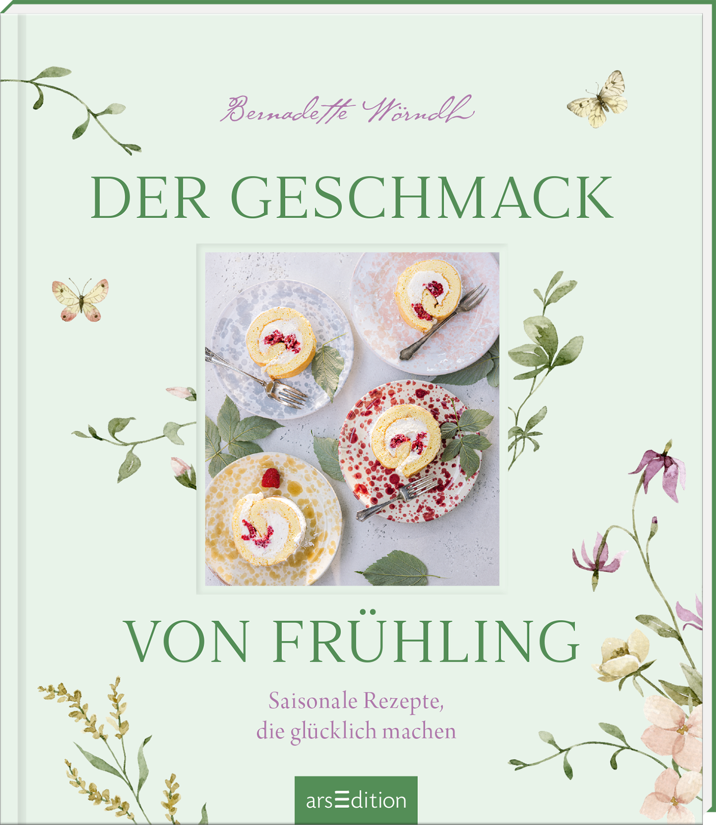 Auf dem Cover des Buches „Der Geschmack von Frühling“ von Bernadette Wörndl sind drei Blechkuchen auf zarten Tellern abgebildet, dekoriert mit frischen Zutaten. Die Farben sind sanft und pastellig, überwiegend in Grüntönen gehalten. Um das Bild herum sind florale Motive und zarte Schmetterlinge verteilt, die eine fröhliche Frühlingsstimmung vermitteln. Oben steht der Titel in eleganter Schrift, darunter der Untertitel „Saisonale Rezepte, die glücklich machen“. Ganz unten mittig...