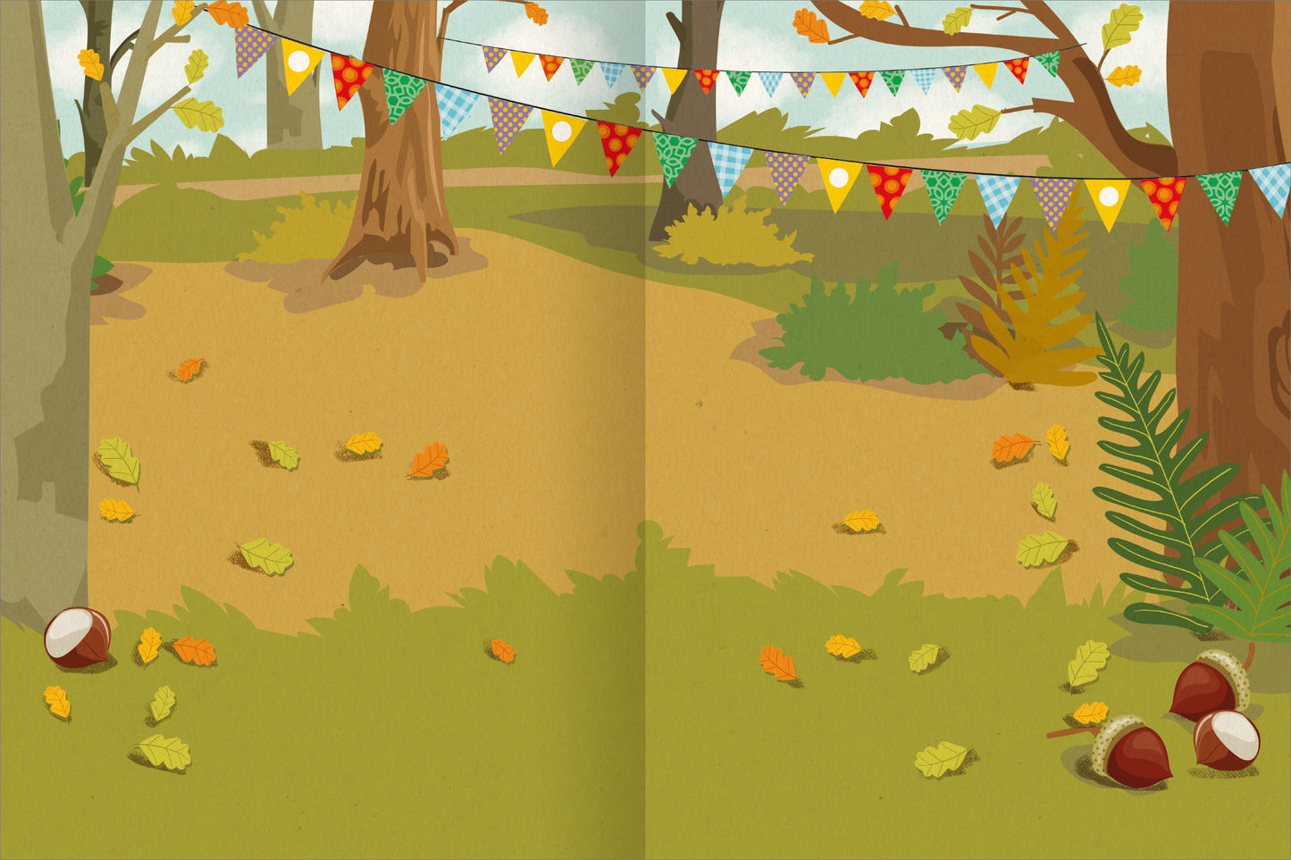 Gezeigt wird eine Innen- oder Zusatzansicht von „Mein Mix-Max-Stickerheft“. Die Illustration zeigt eine herbstliche Landschaft mit bunten Blättern in gelb, orange und grün. Im Vordergrund liegen Kastanien und Eicheln auf einem grasgrünen Boden. Im Hintergrund hängen farbenfrohe Wimpelketten zwischen den Bäumen, die in sanften Brauntönen dargestellt sind. Der Himmel ist hellblau mit wenigen Wolken, was eine fröhliche und einladende Atmosphäre schafft.