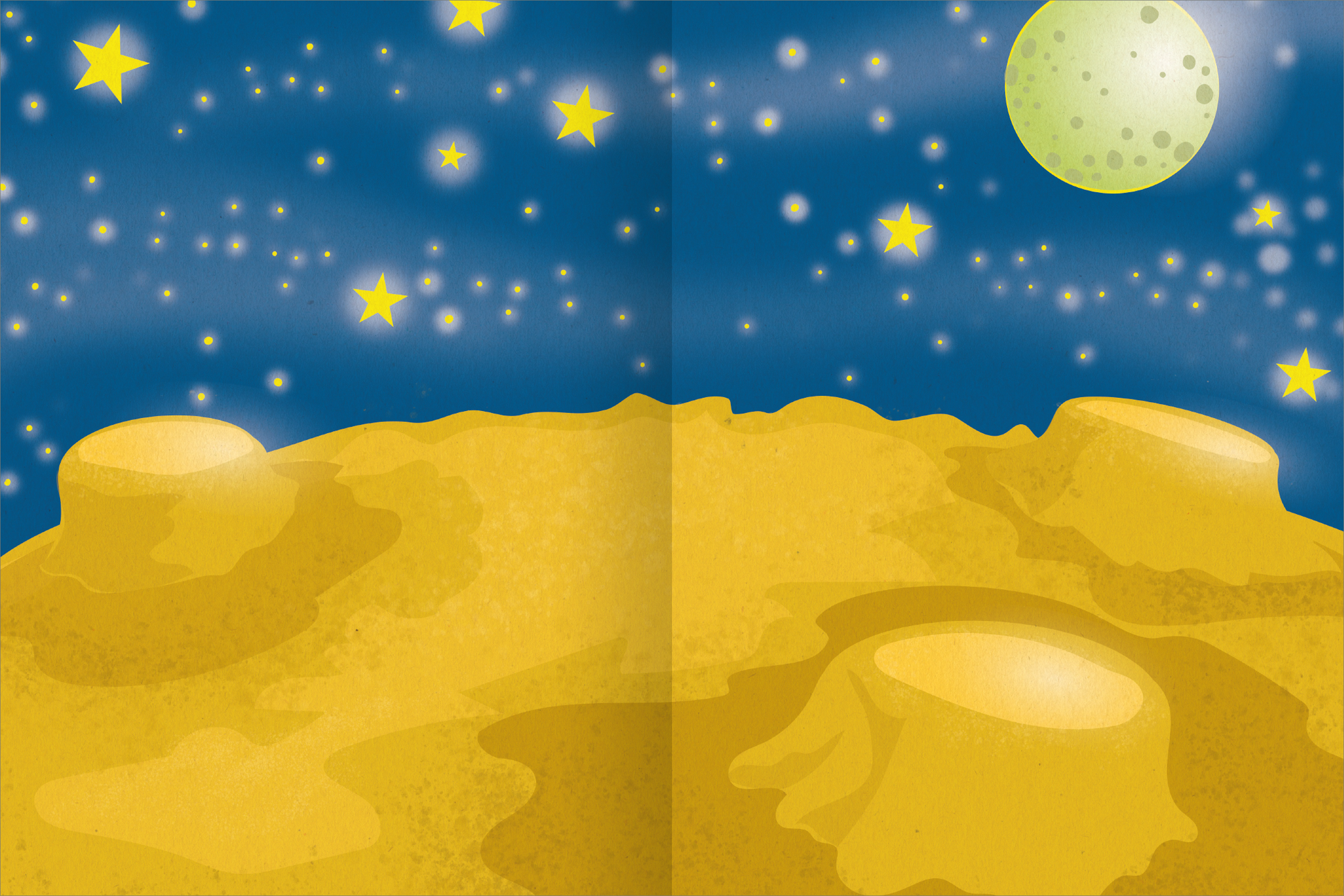 Gezeigt wird eine Innen- oder Zusatzansicht von „Mein Mix-Max-Stickerheft“. Der Hintergrund ist ein tiefblauer Nachthimmel mit leuchtenden, gelben Sternen und einem großen, hellgrünen Mond. Im Vordergrund befinden sich gelbe, sandartige Hügel und Strukturen, die eine extraterrestrische Landschaft darstellen. Die Typografie ist verspielt, und die Farbgestaltung nutzt lebendige, kontrastreiche Töne, die das Abenteuer und die Fantasie anregen.