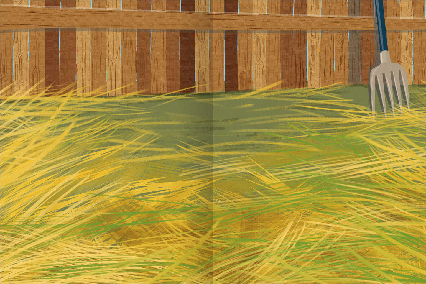 Gezeigt wird eine Innen- oder Zusatzansicht von „Mein Mix-Max-Stickerheft“. Der Boden ist mit grünem Gras und goldenen Halmen bedeckt, während im Hintergrund eine Holzlattenwand zu sehen ist. Eine Gartenforke aus Metall steht schräg im Bild, was die ländliche Atmosphäre betont. Die Farben sind warm und einladend, vorwiegend in Grüntönen und Erdtönen. Die Gesamtgestaltung vermittelt ein freundliches und kindgerechtes Ambiente.