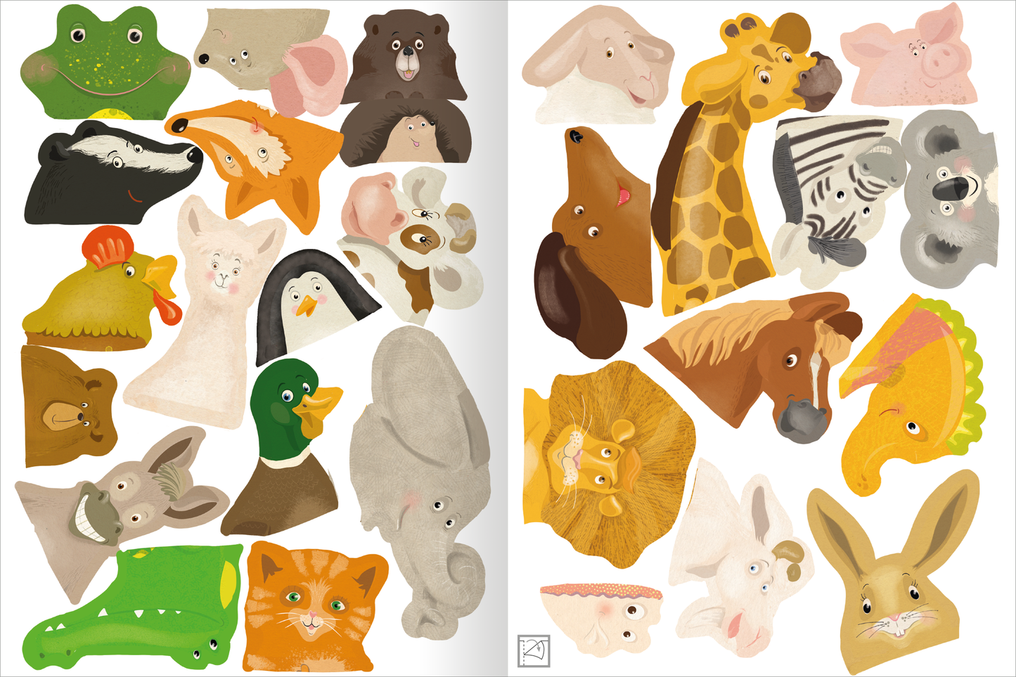 Gezeigt wird eine Innen- oder Zusatzansicht von „Mein Mix-Max-Stickerheft“. Die Seite zeigt bunte Tiergesichter in verschiedenen Formen und Farben. Zu den abgebildeten Tieren gehören ein Frosch, ein Bär, eine Giraffe, und ein Löwe. Die Hintergründe sind in sanften, hellen Tönen gehalten, während die Tierillustrationen in lebhaften Farben erscheinen. Die Typografie ist verspielt und freundlich, was die fröhliche Gestaltung unterstreicht.