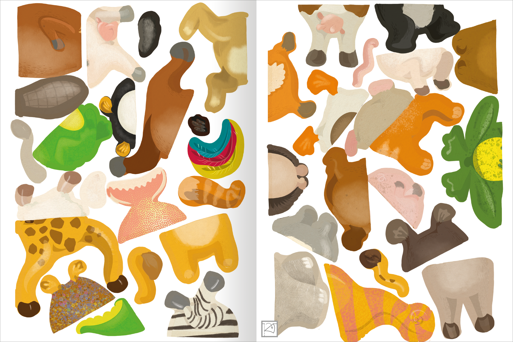 Gezeigt wird eine Innen- oder Zusatzansicht von „Mein Mix-Max-Stickerheft“. Die Seite enthält eine bunte Ansammlung von Tiersticker in verschiedenen Formen und Farben. Zu sehen sind unter anderem orangefarbene, braune und grüne Tiermotive. Die Farben sind lebhaft und die Formen variieren von simplen Silhouetten bis hin zu detaillierteren Darstellungen. Die Typografie ist spielerisch und motivierend, ideal für Kinder. Die Anordnung der Sticker ist abwechslungsreich und ansprechend.