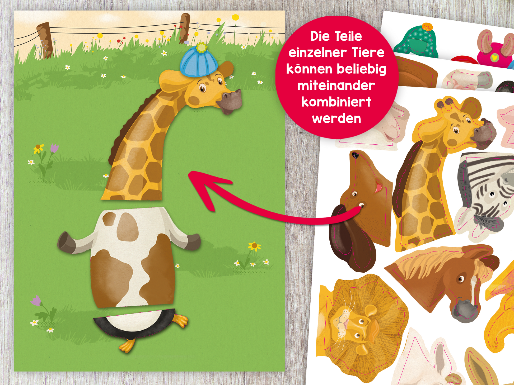 Gezeigt wird eine Innen- oder Zusatzansicht von „Mein Mix-Max-Stickerheft“. Auf der linken Seite ist eine fröhliche Giraffe mit einer blauen Mütze abgebildet, die in einem bunten, grünen Feld steht. Die Giraffe trägt eine Kuhkörperfigur. Rechts befinden sich verschiedene Tiersticker in hellen Farben, die zum Kombinieren einladen. Über der Giraffe steht der textuelle Hinweis: „Die Teile einzelner Tiere können beliebig miteinander kombiniert werden“, hervorgehoben in einem roten...