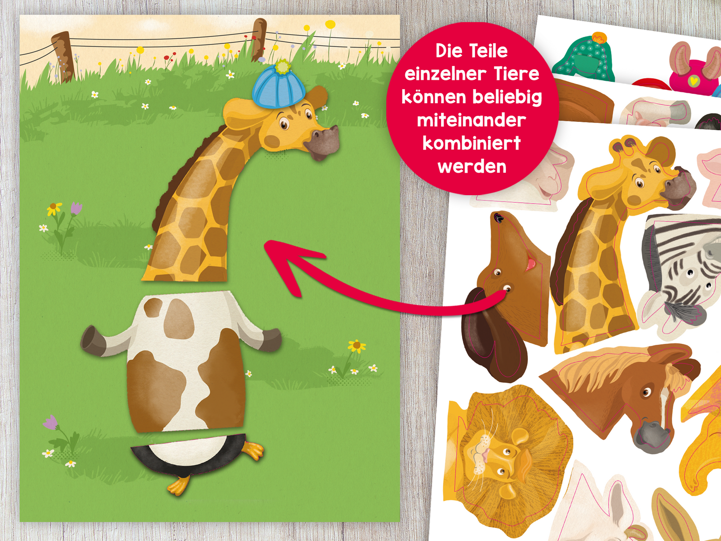 Gezeigt wird eine Innen- oder Zusatzansicht von „Mein Mix-Max-Stickerheft“. Auf der linken Seite ist eine fröhliche Giraffe mit einer blauen Mütze abgebildet, die in einem bunten, grünen Feld steht. Die Giraffe trägt eine Kuhkörperfigur. Rechts befinden sich verschiedene Tiersticker in hellen Farben, die zum Kombinieren einladen. Über der Giraffe steht der textuelle Hinweis: „Die Teile einzelner Tiere können beliebig miteinander kombiniert werden“, hervorgehoben in einem roten...