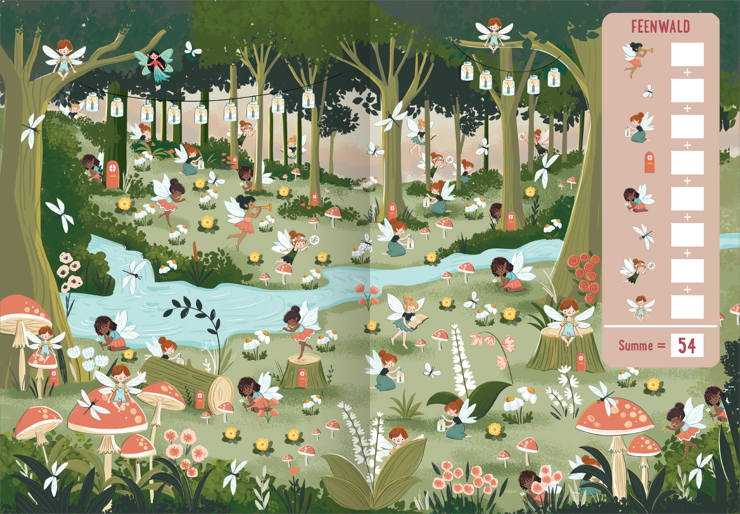 Gezeigt wird eine Innen- oder Zusatzansicht von „Die große Zauberwesen-Zählerei“. Die Illustration zeigt einen fantasievollen Feenwald mit grünen Bäumen und einem sanft fließenden Bach. Bunte Feen und kleine Wesen sind zwischen verschiedenen Pflanzen und Blumen verteilt. Links sind große, rot-weiße Fliegenpilze zu sehen, während rechts ein Zählfeld mit weißen Kästchen und dem Wort „Summe“ hervorgehoben ist. Die Farben sind lebhaft, überwiegend in sanften Pastelltönen...