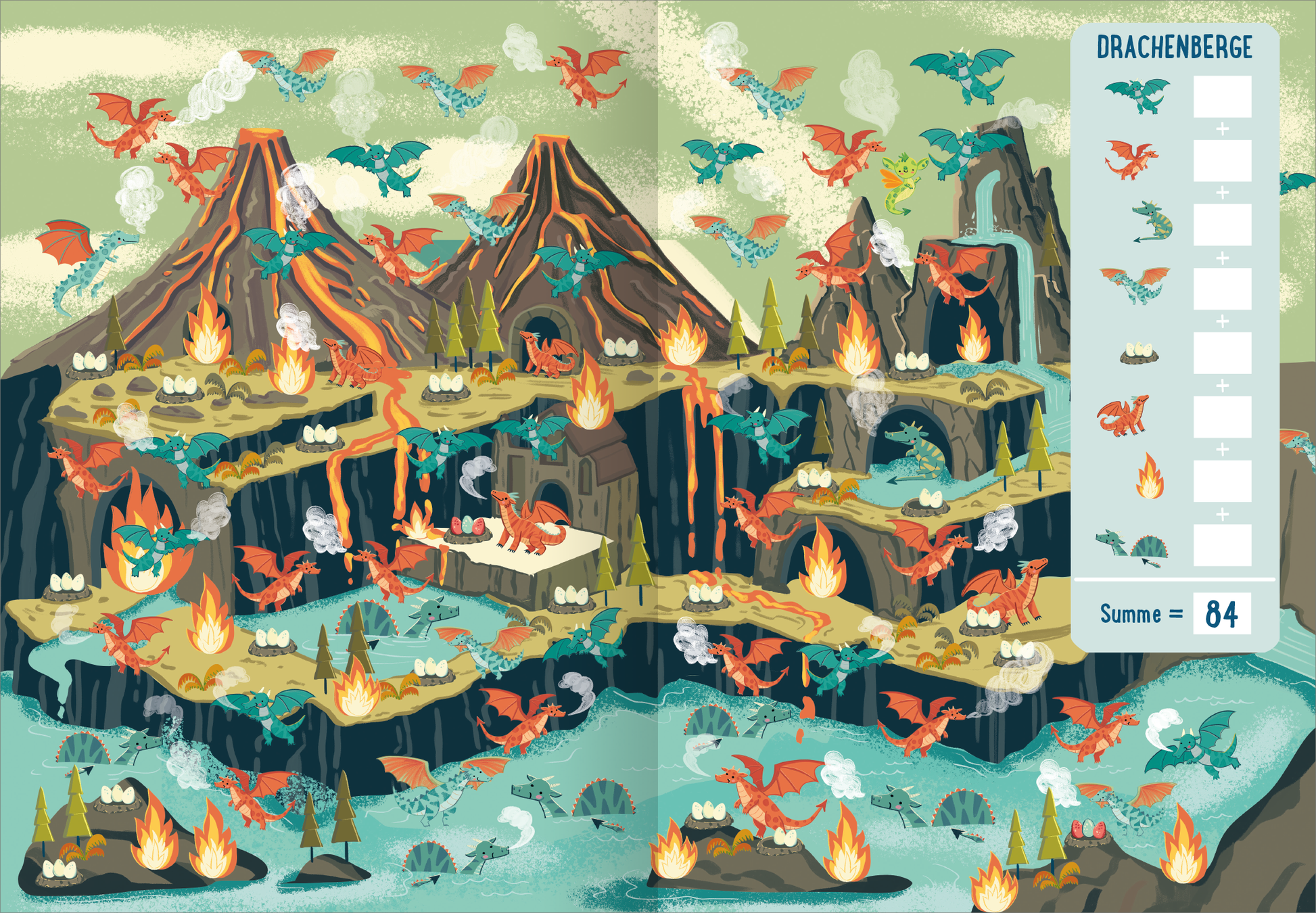 Gezeigt wird eine Innen- oder Zusatzansicht von „Die große Zauberwesen-Zählerei“. Die Illustration zeigt eine farbenfrohe Landschaft mit Drachenbergen, die von grünen und blauen Drachen bevölkert sind. Vulkane spucken orangefarbene Lava, während Flüsse und Wasserfälle durch die Landschaft fließen. Auf der rechten Seite befindet sich ein Zählfeld mit Kästchen für die Drachen. Die Typografie ist klar und gut lesbar, die dominierenden Farben sind Grün, Blau und Orange.