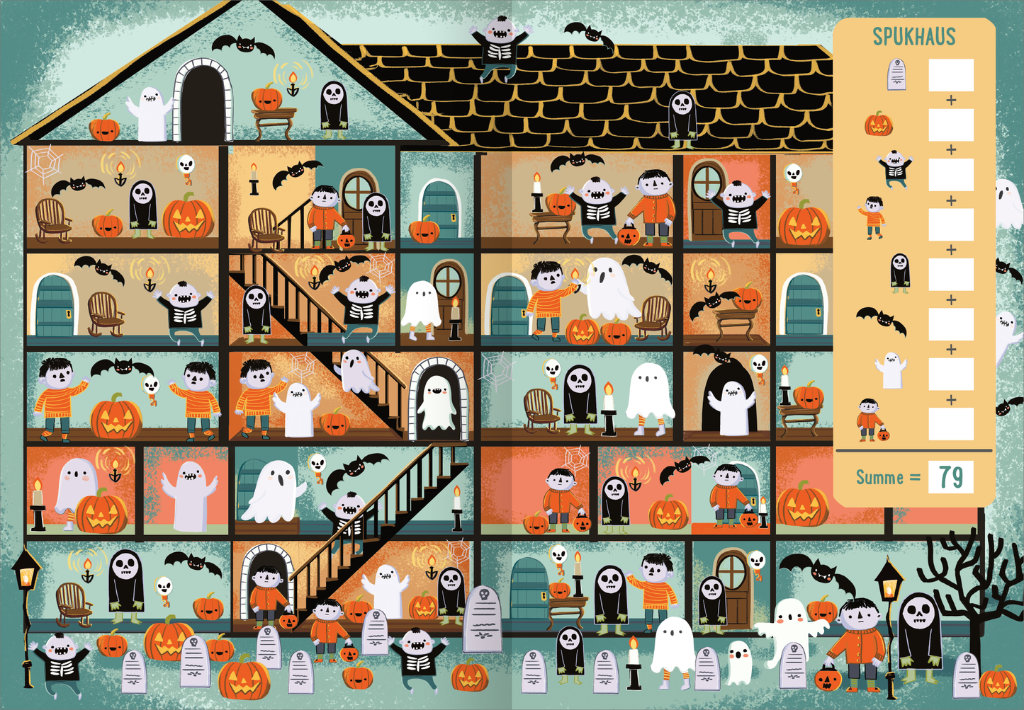 Gezeigt wird eine Innen- oder Zusatzansicht von „Die große Zauberwesen-Zählerei“. Die Szene zeigt ein Spukhaus mit mehreren Räumen, die in hellen Farbnuancen wie Orange, Blau und Weiß gehalten sind. Viele gezeichnete Figuren, darunter Gespenster, Skelette und Kinder in Kostümen, interagieren im Haus. Kürbisse und Dekorationen verleihen eine herbstliche Atmosphäre. Rechts ist ein Zahlenfeld zur Summe der Zählung zu sehen, in einer klaren, gut lesbaren Typografie.