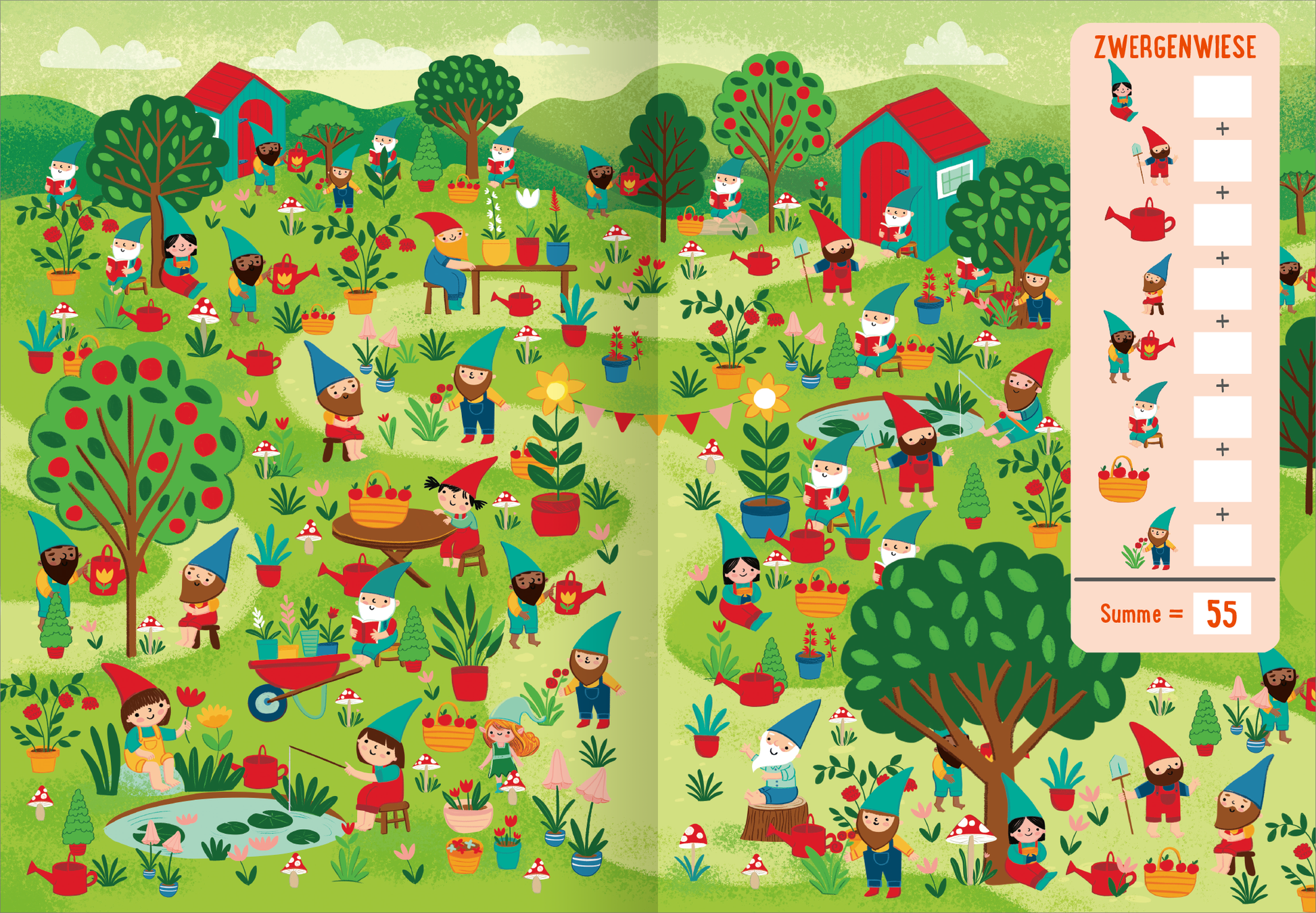 Gezeigt wird eine Innen- oder Zusatzansicht von „Die große Zauberwesen-Zählerei“. Die Illustration zeigt eine lebendige, grüne Landschaft mit zahlreichen Zwergen, die aktiv in einem Garten arbeiten. Die Zwergen sind bunt gekleidet und interagieren mit Pflanzen und Gießkannen. Auf der rechten Seite befindet sich eine Zählhilfe mit Kästchen, in denen Zahlen oder Symbole ergänzt werden können. Die sanften Farben und die verspielte Typografie vermitteln eine freundliche Atmosphäre.