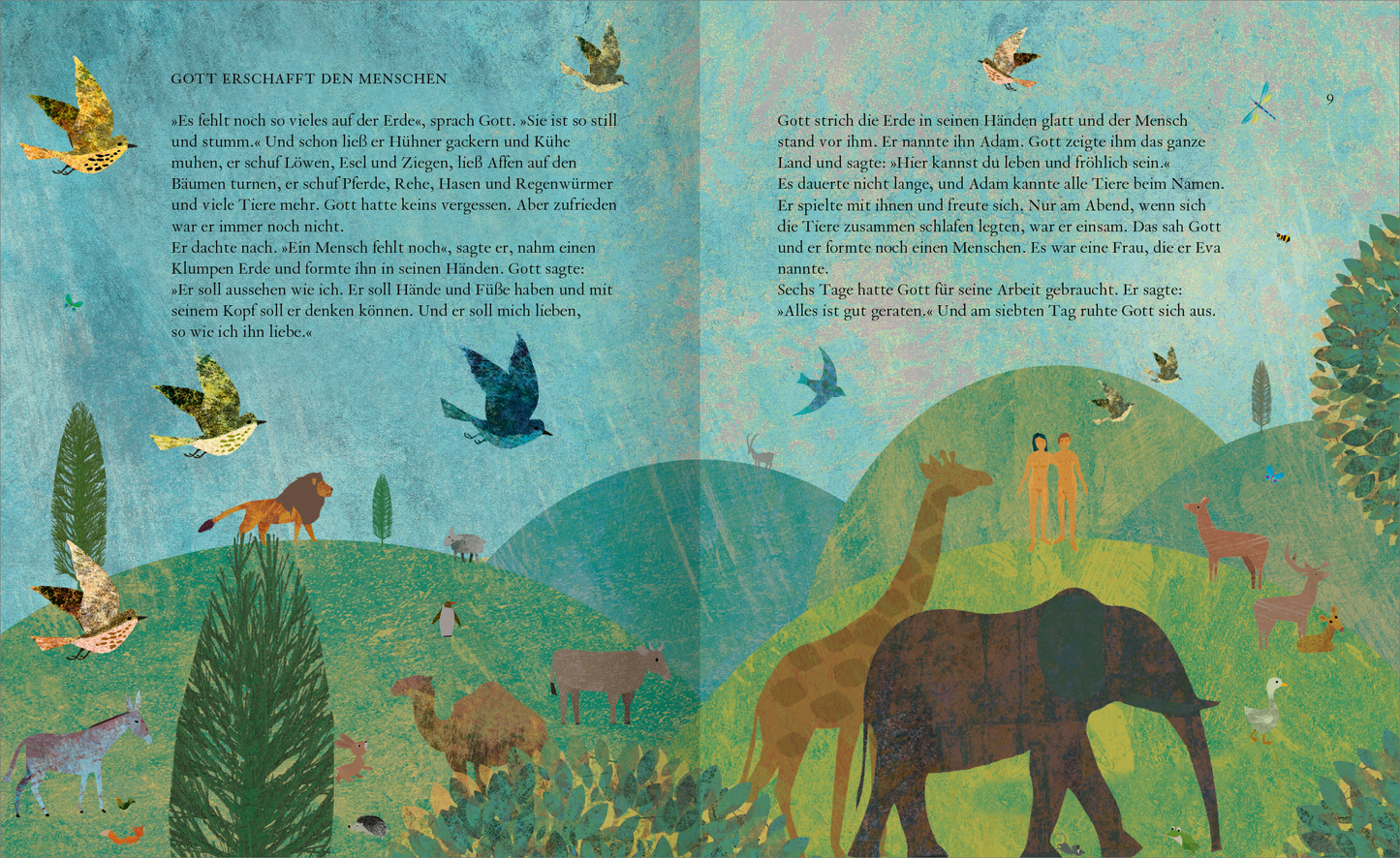 Gezeigt wird eine Innen- oder Zusatzansicht von „Die große Familienbibel“. Die Doppelseite präsentiert bunte, stilisierte Illustrationen von Tieren und Menschen in einer natürlichen Umgebung. Die Farbpalette umfasst sanfte Grüntöne, warme Erdfarben und lebhafte Akzente. Der Text ist in einer klaren, gut lesbaren Schrift angeordnet, wobei die Kapitelüberschrift in größerer Schriftgröße hervorgehoben ist. Elemente wie Bäume, Hügel und Vögel schaffen eine harmonische Komposition,...