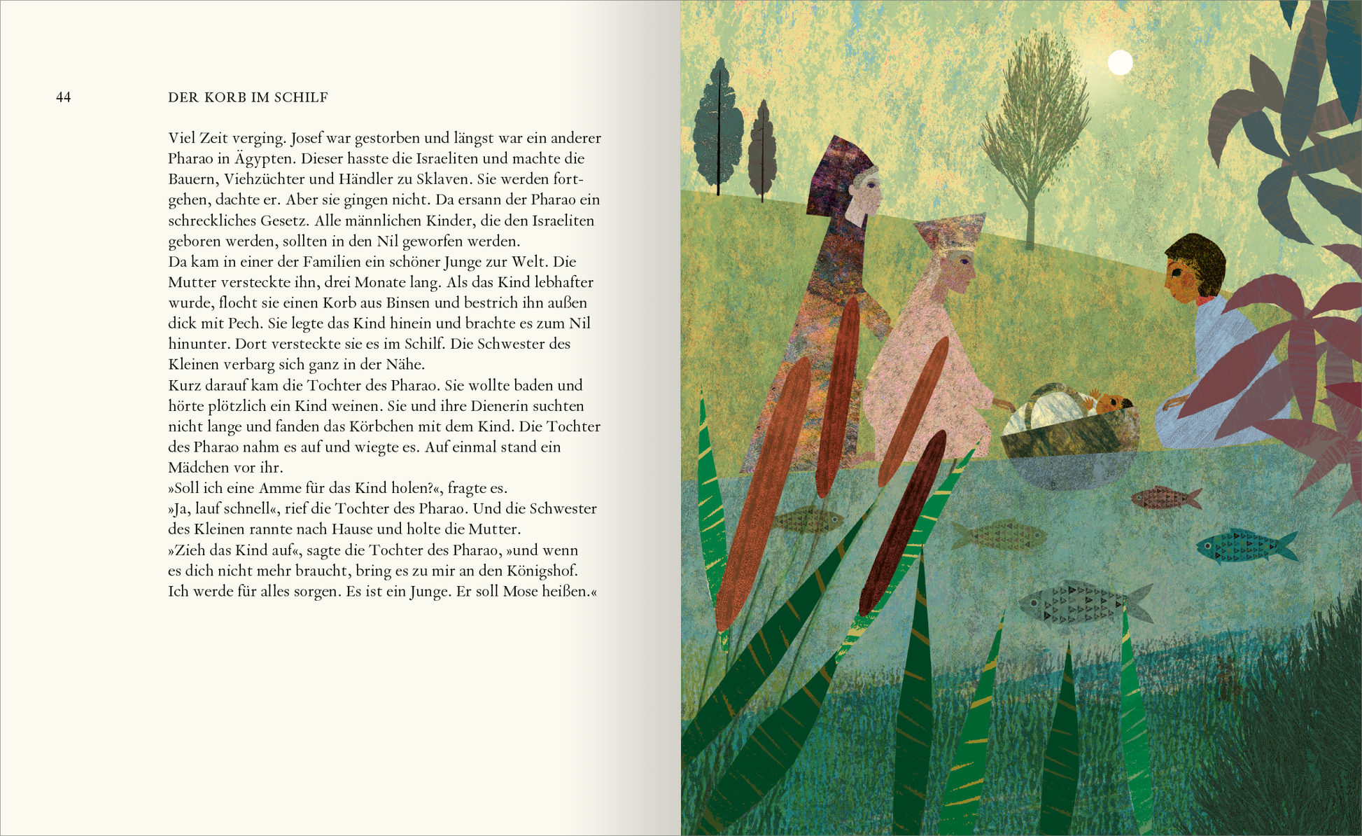 Gezeigt wird eine Innen- oder Zusatzansicht von „Die große Familienbibel“. Die Seite präsentiert eine sanfte, farbenfrohe Illustration mit einem Hauch von Abstraktion. Im Vordergrund sind eine Frau und zwei Kinder am Wasser zu sehen, umgeben von üppiger Vegetation in unterschiedlichen Grüntönen. Die Figuren tragen traditionelle Kleidung in warmen Farbnuancen. Die Schrift besteht aus klaren, gut lesbaren Typografien in einem kontrastierenden Schwarz, das die Lesbarkeit unterstützt.