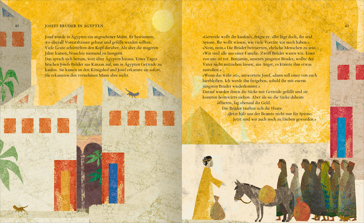 Gezeigt wird eine Innen- oder Zusatzansicht von „Die große Familienbibel“. Die Seite ist in sanften Gelb- und Erdtönen gehalten, dargestellt sind Häuser mit roten und blauen Fenstern sowie stilisierten Pflanzen. Links ist eine Figur zu sehen, die einen Sack trägt, während eine Menschenmenge, bestehend aus mehreren Figuren, darunter eine Person auf einem Esel, rechts dargestellt wird. Die Schrift ist klar und gut lesbar, ergänzt durch liebevolle, kindgerechte Illustrationen.