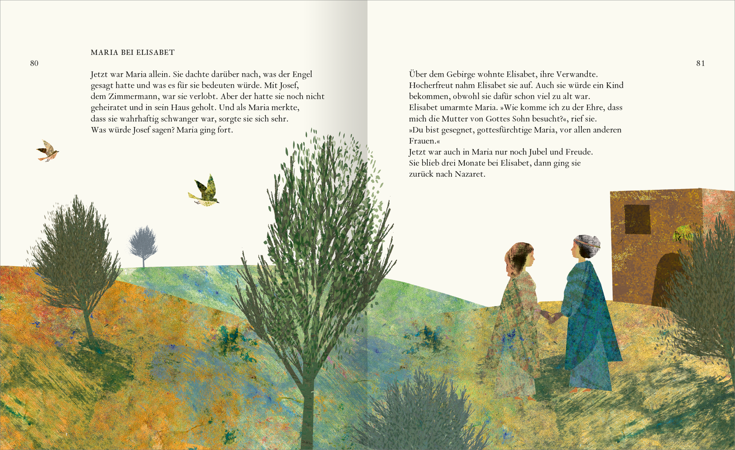 Gezeigt wird eine Innen- oder Zusatzansicht von „Die große Familienbibel“. Auf der linken Seite ist eine sanft farbige Landschaft mit grünen Hügeln und Bäumen abgebildet, während auf der rechten Seite zwei Frauen in traditioneller Kleidung stehen. Die Farbpalette besteht aus sanften Erdtönen und lebendigen Akzenten. Die Illustrationen sind detailreich und harmonisch, untermalt von einer klaren, gut lesbaren Schriftart, die den Text begleitend präsentiert.