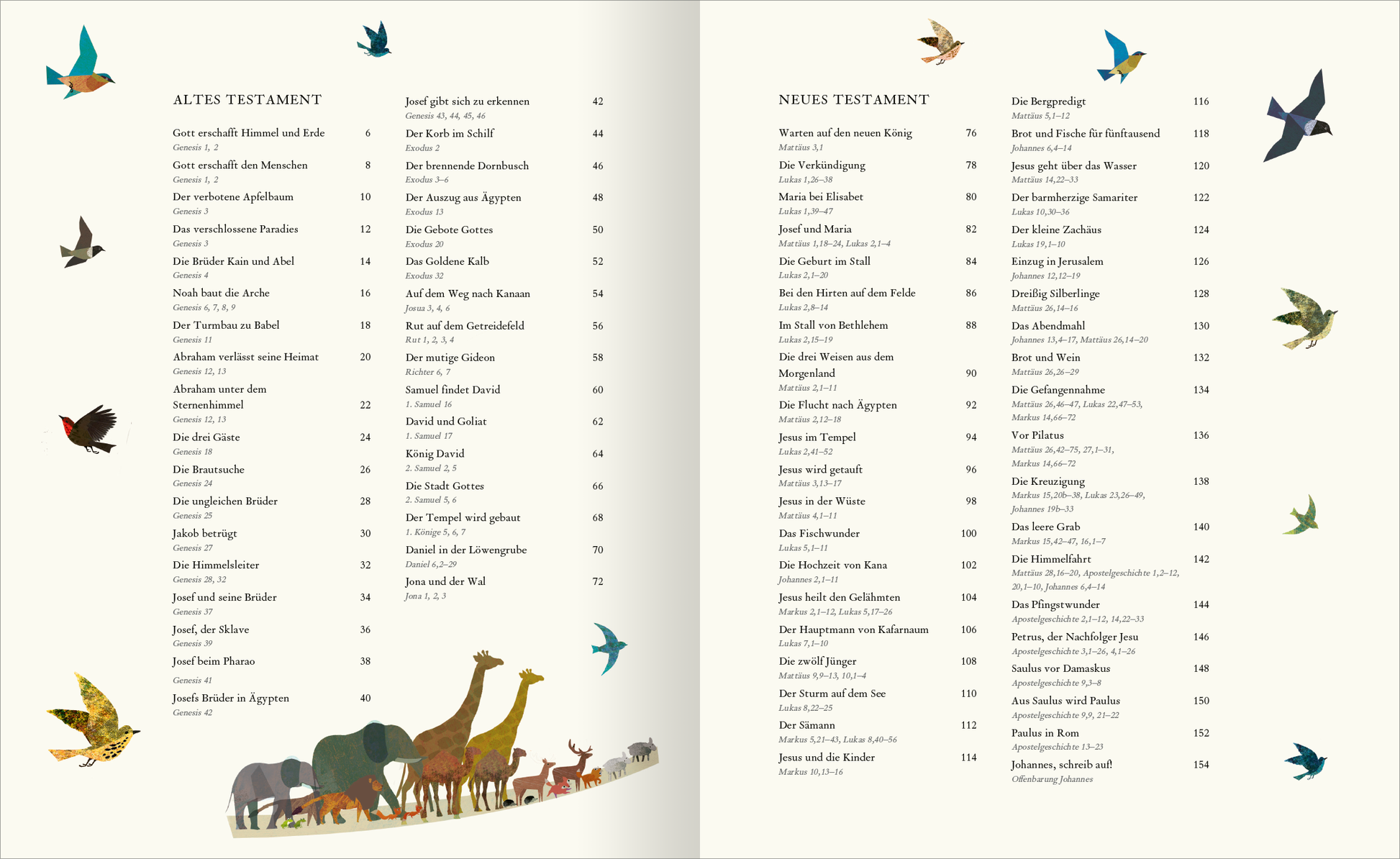 Gezeigt wird eine Innen- oder Zusatzansicht von „Die große Familienbibel“. Die Doppelseite präsentiert eine saubere, helle Aufmachung mit einem Inhaltsverzeichnis für das Alte und Neue Testament. Auf der linken Seite stehen die Kapitel für das Alte Testament, während rechts die für das Neue Testament aufgeführt sind. Die Typografie ist klar und gut lesbar, in einem traditionellen Schriftstil. Bunte Vögel und Tiere am unteren Rand verleihen der Seite eine lebendige Note und...