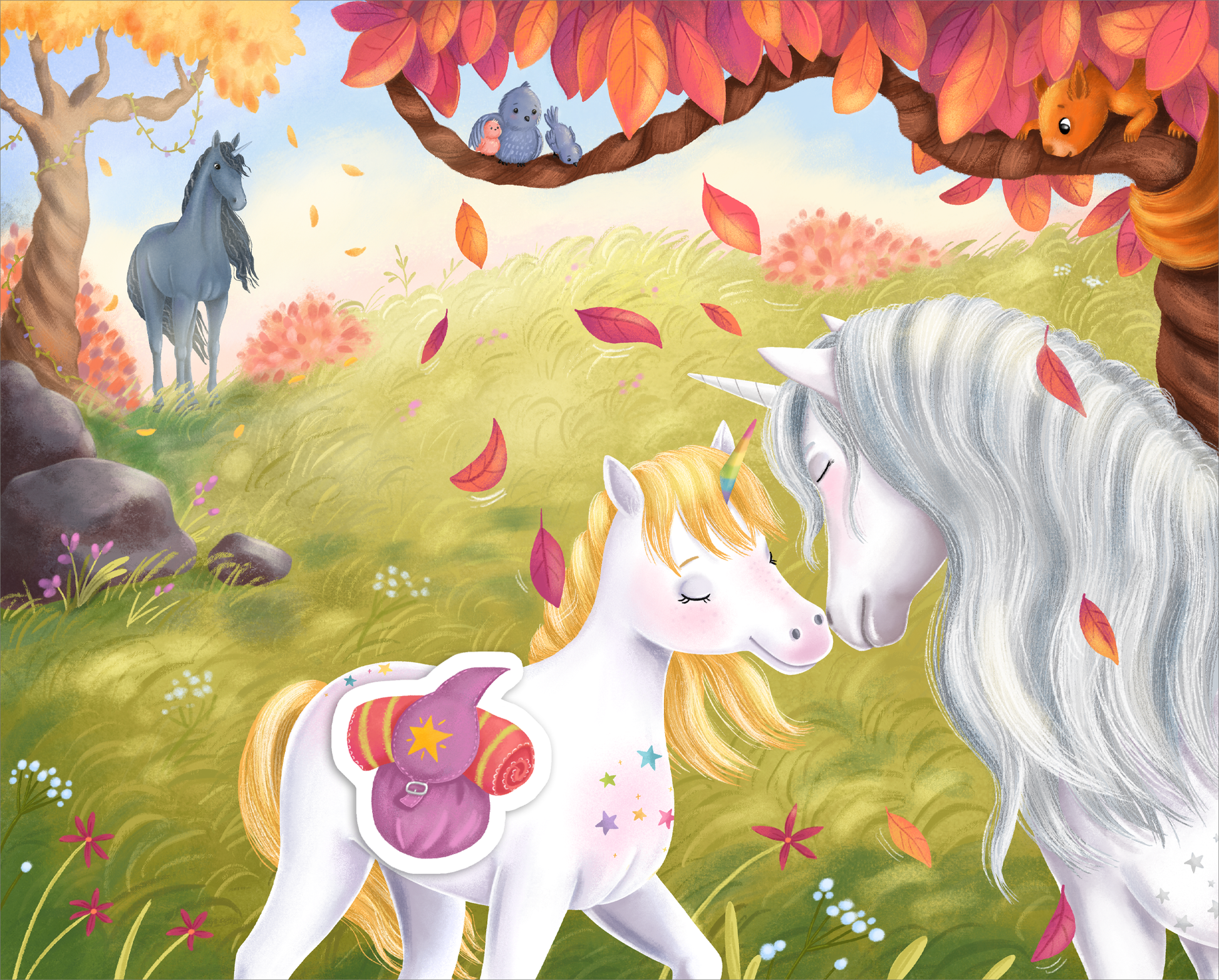 Gezeigt wird eine Innen- oder Zusatzansicht von „Ein Einhorn träumt von Weihnachten“. Die Illustration zeigt zwei freundliche Einhörner in einem bunten, herbstlichen Park. Das erste Einhorn hat eine hellrosa Farbe mit einem glitzernden, mehrfarbigen Symbol auf der Seite. Das zweite Einhorn ist silbergrau mit einer strahlenden Mähne. Im Hintergrund sind verschiedene Bäume mit bunten Blättern, und einige Tiere, wie Eulen und ein Eichhörnchen, beobachten die Szene. Die sanften...
