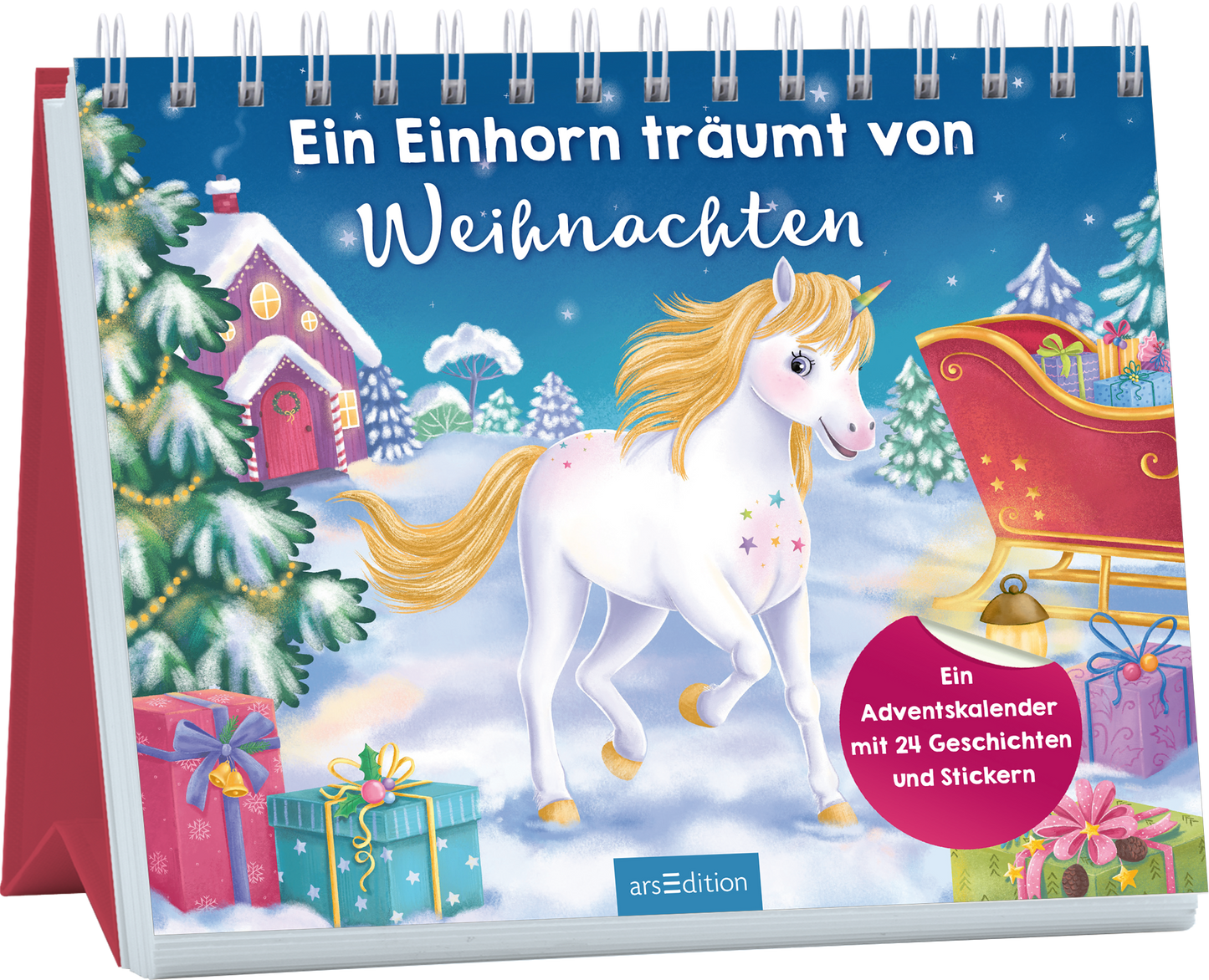 Auf dem Buchcover „Ein Einhorn träumt von Weihnachten“ ist ein fröhliches, weißes Einhorn abgebildet, das durch eine traumhafte Winterlandschaft mit schneebedeckten Tannen und einem niedlichen Häuschen mit Rauch aus dem Schornstein läuft. Der Himmel ist tiefblau und mit funkelnden Schneeflocken verziert. Der Titel in verspielter, weißer Schrift mit goldfarbenen Akzenten hebt sich farblich ab. Unten rechts ist ein roter Button mit dem Text „Ein Adventskalender mit 24 Geschichten und...
