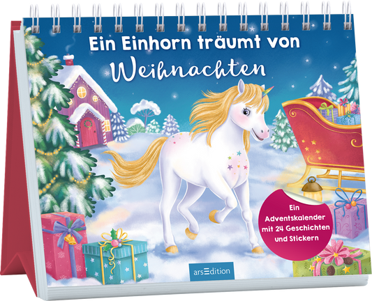 Auf dem Buchcover „Ein Einhorn träumt von Weihnachten“ ist ein fröhliches, weißes Einhorn abgebildet, das durch eine traumhafte Winterlandschaft mit schneebedeckten Tannen und einem niedlichen Häuschen mit Rauch aus dem Schornstein läuft. Der Himmel ist tiefblau und mit funkelnden Schneeflocken verziert. Der Titel in verspielter, weißer Schrift mit goldfarbenen Akzenten hebt sich farblich ab. Unten rechts ist ein roter Button mit dem Text „Ein Adventskalender mit 24 Geschichten und...