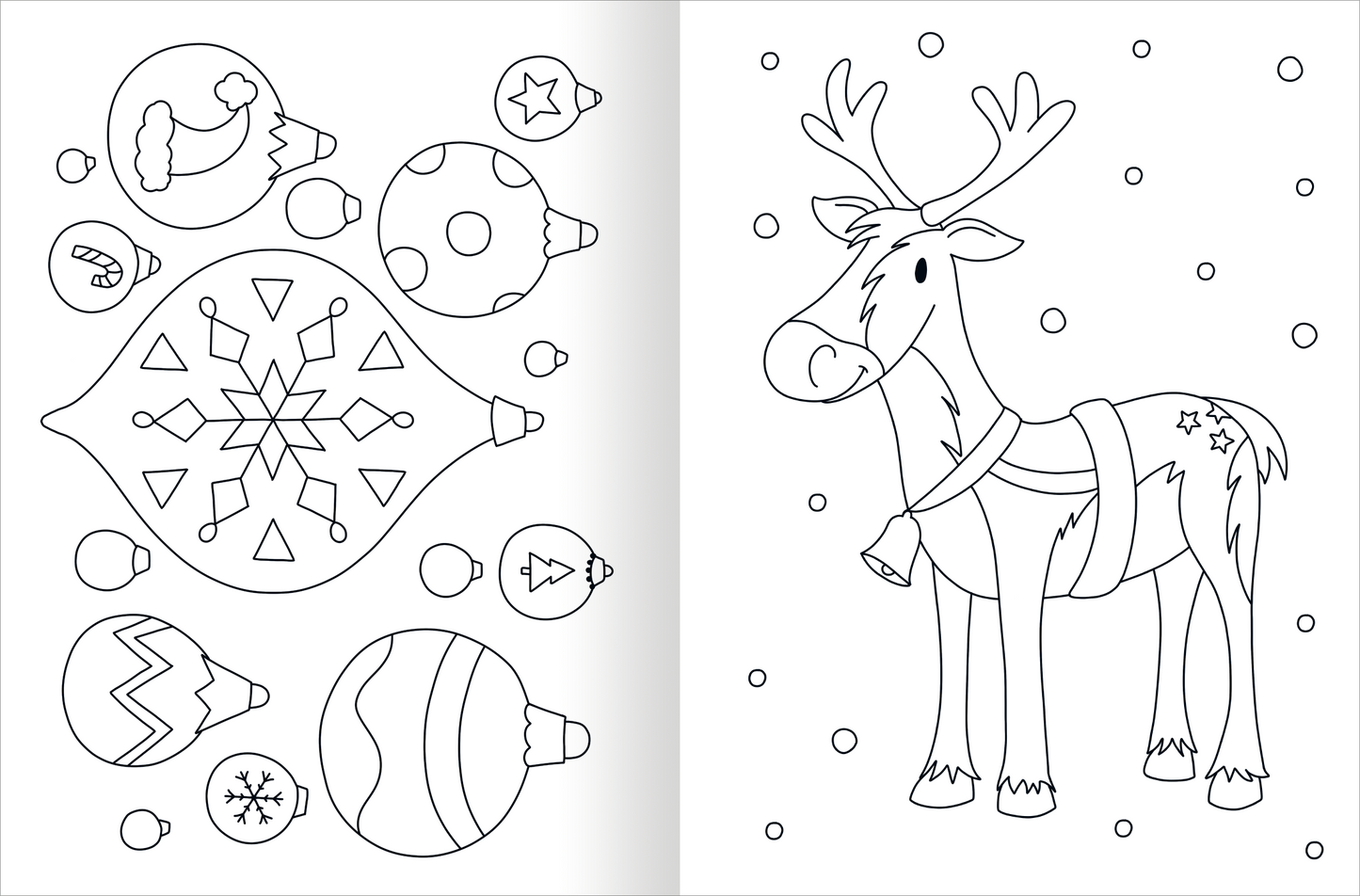 Gezeigt wird eine Innen- oder Zusatzansicht von „Ausmal-Fensterbilder – Im Winter“. Die Seite zeigt verschiedene Weihnachtsmotive wie einen Rentier mit großen, ausdrucksvollen Augen und stilisierten Weihnachtskugeln. Die Illustrationen sind in klaren, dicken Konturen gehalten und laden zum Ausmalen ein. Die Motive sind umgeben von kleinen Schneeflocken und Sternen, was eine winterliche Atmosphäre schafft.