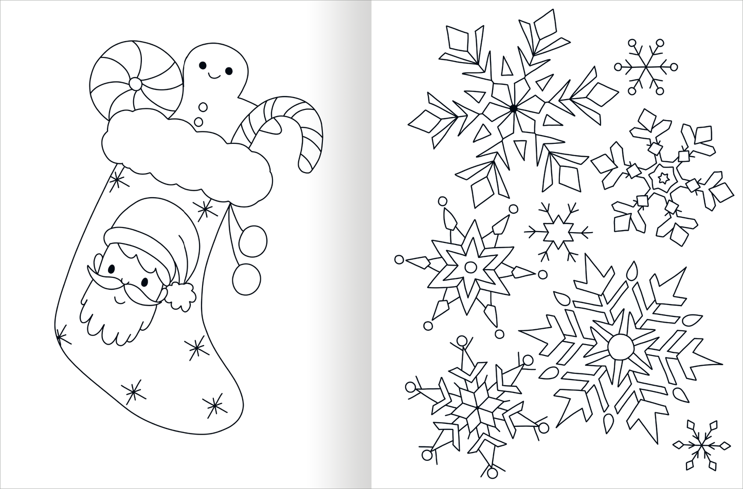 Gezeigt wird eine Innen- oder Zusatzansicht von „Ausmal-Fensterbilder – Im Winter“. Auf der linken Seite befindet sich ein Ausmalbild eines Weihnachtsstrumpfs, verziert mit einem Keks, einer Zuckerstange und einem lächelnden Schneemann. Auf der rechten Seite sind verschiedene prächtige Schneeflocken in unterschiedlichen Formen und Mustern abgebildet. Die Zeichnungen sind in konturierter Schwarzfarbe gehalten und laden zum Ausmalen ein.
