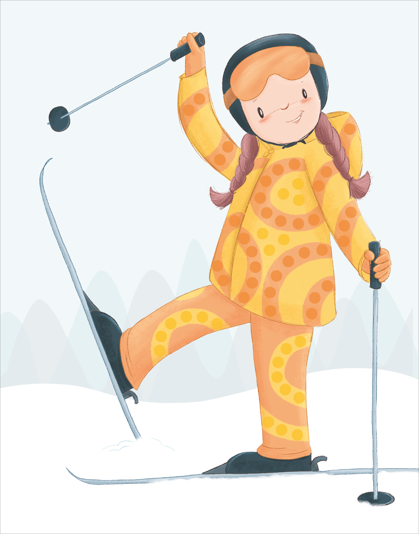 Gezeigt wird eine Innen- oder Zusatzansicht von „Diamantsticker Anziehpuppen – Wintertraum“. Die Abbildung zeigt ein fröhliches Kind auf Skiern, gekleidet in einem orangefarbenen Schneeanorak mit einem lebhaften Kreisdesign. Die Skiläuferin hat geflochtene Zöpfe und trägt einen schwarzen Helm und eine orangene Skibrille auf dem Kopf. Der Hintergrund ist in sanften, hellen Farben gehalten und zeigt stilisierte Schneehügel.