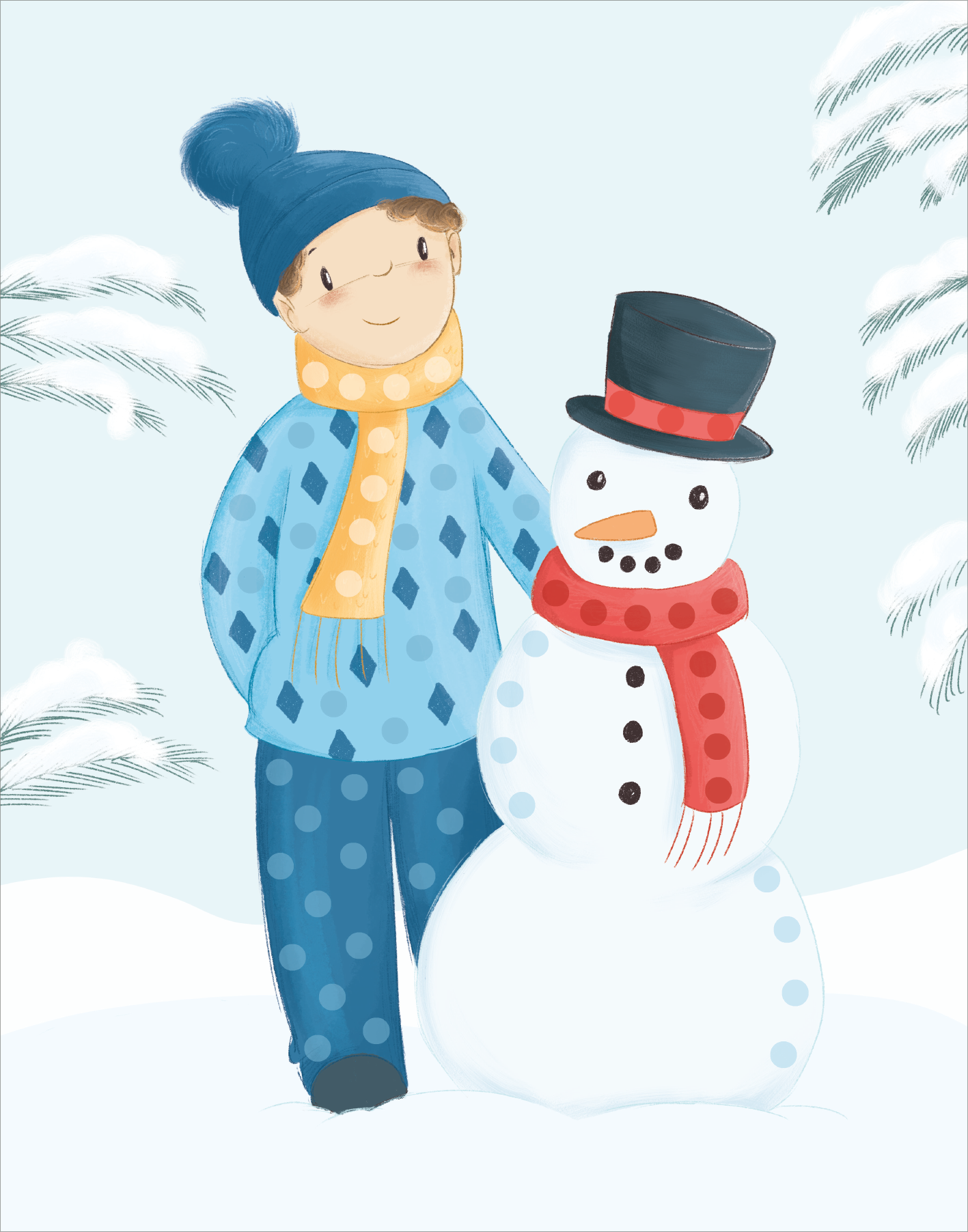 Gezeigt wird eine Innen- oder Zusatzansicht von „Diamantsticker Anziehpuppen – Wintertraum“. Die Illustration zeigt einen fröhlichen Jungen in einem blauen, gepunkteten Pullover und einer gelben Schal, der neben einem Schneemann steht. Der Schneemann trägt einen schwarzen Zylinder und einen roten Schal. Der Hintergrund ist in sanften Blautönen gehalten, um eine winterliche Atmosphäre zu schaffen.
