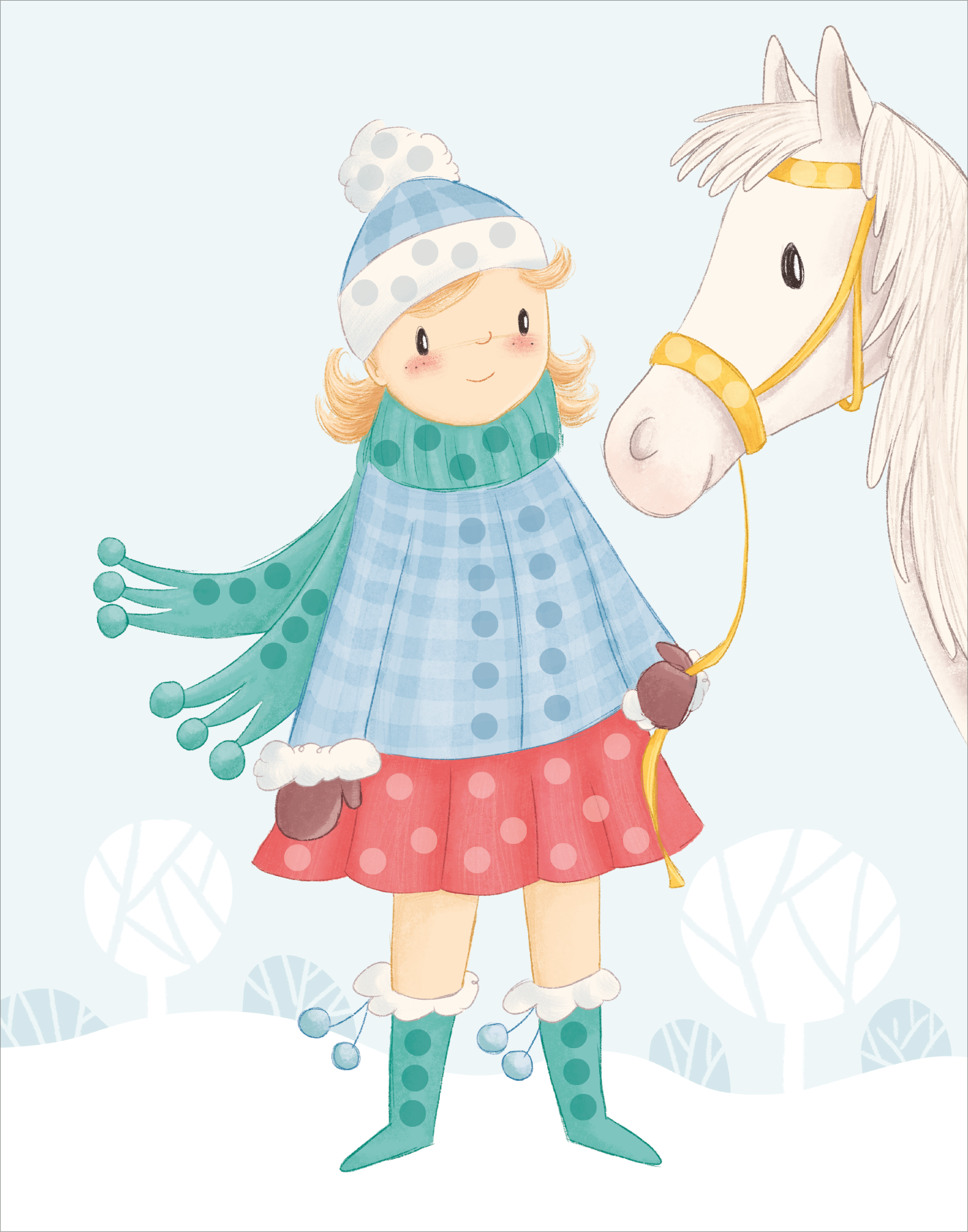 Gezeigt wird eine Innen- oder Zusatzansicht von „Diamantsticker Anziehpuppen – Wintertraum“. Abgebildet ist ein Mädchen in warmer Winterkleidung: Sie trägt eine türkisfarbene, gepunktete Mütze und einen passenden, gepunkteten Schal. Ihr roter Rock mit großen, weißen Punkten kontrastiert lebhaft. An ihrer Seite steht ein weißes Pferd. Der Hintergrund ist in sanften Pastellfarben gehalten, mit einfachen, stilisierten Bäumen, die eine verträumte Winterlandschaft vermitteln.