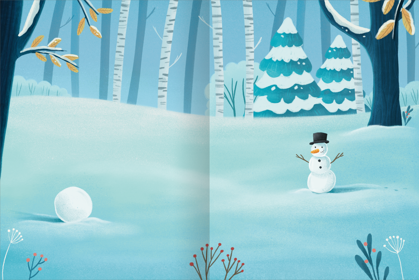 Gezeigt wird eine Innen- oder Zusatzansicht von „Erstes Stickern – Im Winter“. Die Szene zeigt eine schneebedeckte Winterwaldlandschaft in sanften Blau- und Weißtönen. Auf der linken Seite liegt ein großer Schneeball und auf der rechten Seite steht ein freundlich lächelnder Schneemann mit einem Zylinder. Im Hintergrund sind verschneite Tannenbäume und Birkenstämme zu sehen. Die Illustration vermittelt eine fröhliche und winterliche Atmosphäre.