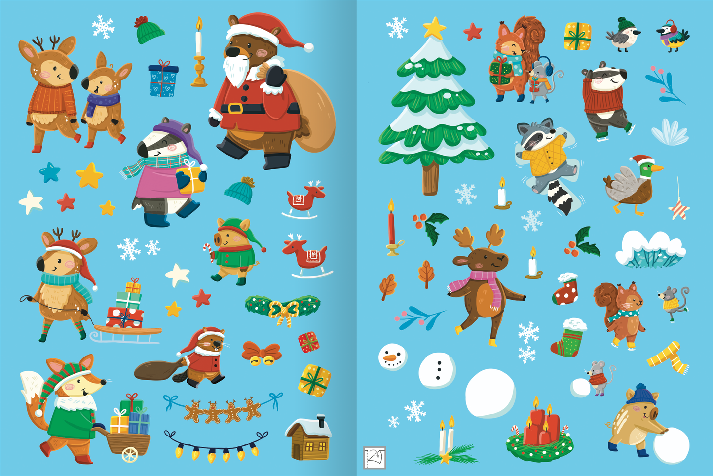 Gezeigt wird eine Innen- oder Zusatzansicht von „Erstes Stickern – Im Winter“. Die Seite zeigt eine Vielzahl von bunten Tierstickern, darunter ein Bär, der sich als Weihnachtsmann verkleidet hat, eine Reihe von Tieren in winterlicher Kleidung und festliche Motive wie einen Tannenbaum und Geschenke. Die Hintergrundfarbe ist ein beruhigendes Himmelblau, welches die bunten, warmen Farbtöne der Charaktere und Elemente gut zur Geltung bringt