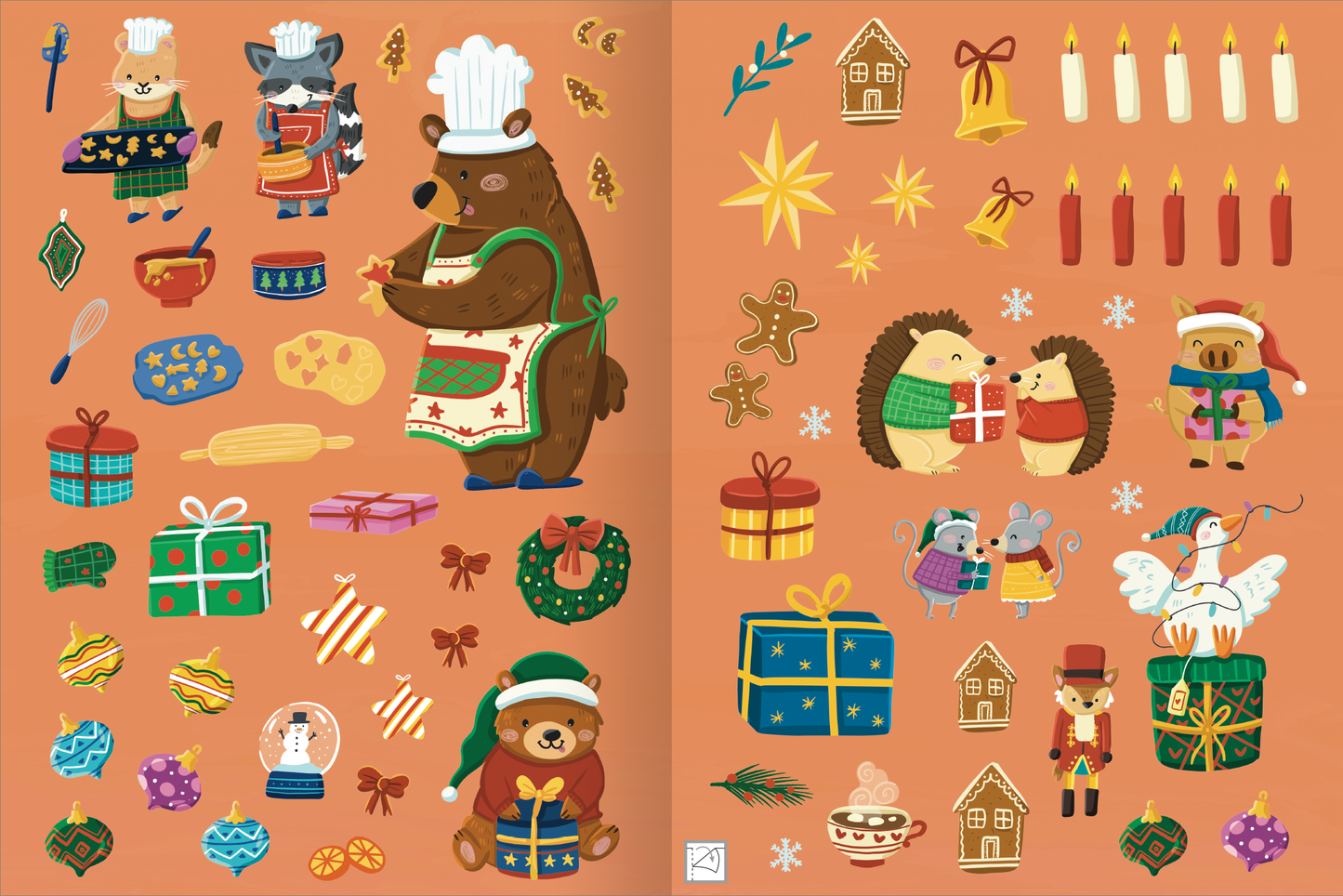 Gezeigt wird eine Innen- oder Zusatzansicht von „Erstes Stickern – Im Winter“. Die Illustration zeigt einen orangefarbenen Hintergrund mit mehreren winterlichen Motiven. Zentral sind zwei Bären und Igel, die Weihnachtsgeschenke und Plätzchen zubereiten. Bunte Geschenke, eine Schneekugel, Kerzen und Sterne ergänzen die Szene.