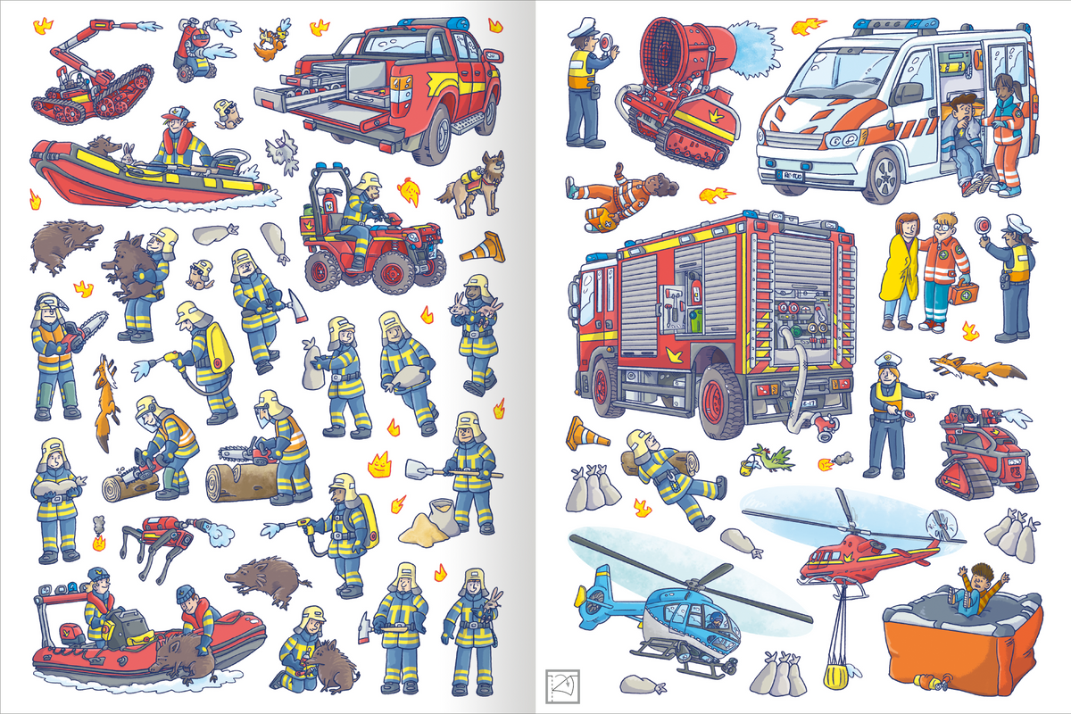 Gezeigt wird eine Innen- oder Zusatzansicht von „Das Metallic-Stickerbuch – Feuerwehr“. Die Illustration zeigt eine Vielzahl von Feuerwehrmotiven, darunter Einsatzfahrzeuge wie ein Feuerwehrwagen und ein Krankenwagen, sowie Feuerwehrleute in Aktion. Die Farben sind kräftig und abwechslungsreich, dominierend sind Rot, Blau und Gelb. Die Typografie ist klar und gut lesbar, ergänzt durch verschiedene Symbolik und actionreiche Szenen, die die Themen Feuerwehr und Rettung darstellen.