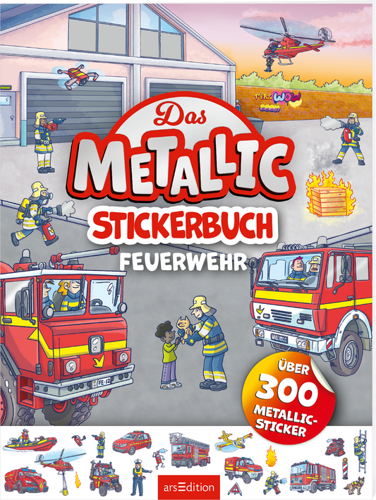Auf dem Cover des Buches „Das METALLIC STICKERBUCH FEUERWEHR“ dominieren lebhafte Farben wie Rot und Gelb. In der Mitte steht der Titel in großen, auffälligen Buchstaben. Im Hintergrund sind Feuerwehrfahrzeuge, ein Hubschrauber und Feuerwehrleute abgebildet, die an verschiedenen Einsätzen teilnehmen. Kinder interagieren spielerisch mit den Szenen, während ein Feuer im Hintergrund lodert. Über dem Cover prangt ein runder Button mit dem Text „Über 300 METALLIC-STICKER“. Ganz unten...