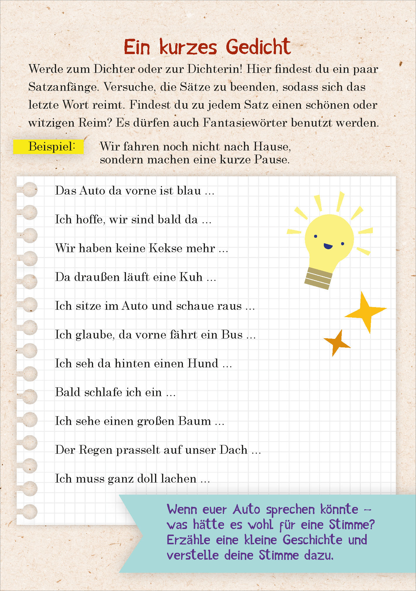 Gezeigt wird eine Innen- oder Zusatzansicht von „Abenteuer für unterwegs“. Die Seite zeigt ein stilvolles, gebräuntes Papier mit einem handschriftlichen Layout. In der oberen linken Ecke befindet sich der Titel „Ein kurzes Gedicht“ in verspielter, bunter Typografie. Darunter stehen Zeilen mit Satzanfängen, die zum kreativen Schreiben anregen. Illustrierende Grafiken, wie ein lächelndes Sonnengesicht und funkelnde Sterne, verleihen dem Design eine fröhliche Atmosphäre.