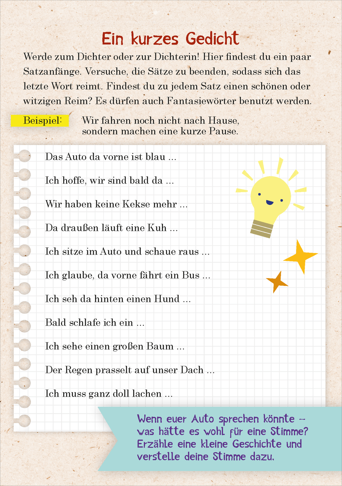 Gezeigt wird eine Innen- oder Zusatzansicht von „Abenteuer für unterwegs“. Die Seite zeigt ein stilvolles, gebräuntes Papier mit einem handschriftlichen Layout. In der oberen linken Ecke befindet sich der Titel „Ein kurzes Gedicht“ in verspielter, bunter Typografie. Darunter stehen Zeilen mit Satzanfängen, die zum kreativen Schreiben anregen. Illustrierende Grafiken, wie ein lächelndes Sonnengesicht und funkelnde Sterne, verleihen dem Design eine fröhliche Atmosphäre.