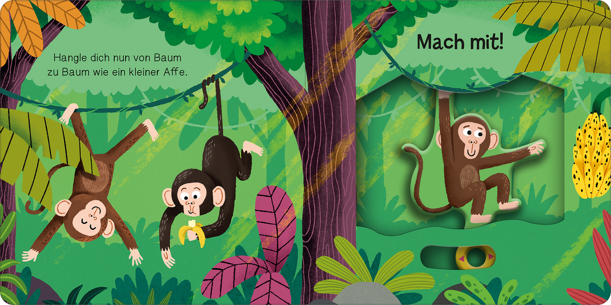Gezeigt wird eine Innen- oder Zusatzansicht von „Mach mit! Stampf! Stampf!“. Auf der Seite hüpfen zwei niedliche Affen von Baum zu Baum, umgeben von üppigem, grünem Laub und bunten Pflanzen. Die Hauptfarben sind lebendiges Grün, Erdtöne und Akzente in Gelb und Pink. Der Text „Hangle dich nun von Baum zu Baum wie ein kleiner Affe“ steht in einer klaren, kindgerechten Schriftart. Ein herausnehmbarer Bereich ergänzt die interaktive Gestaltung.