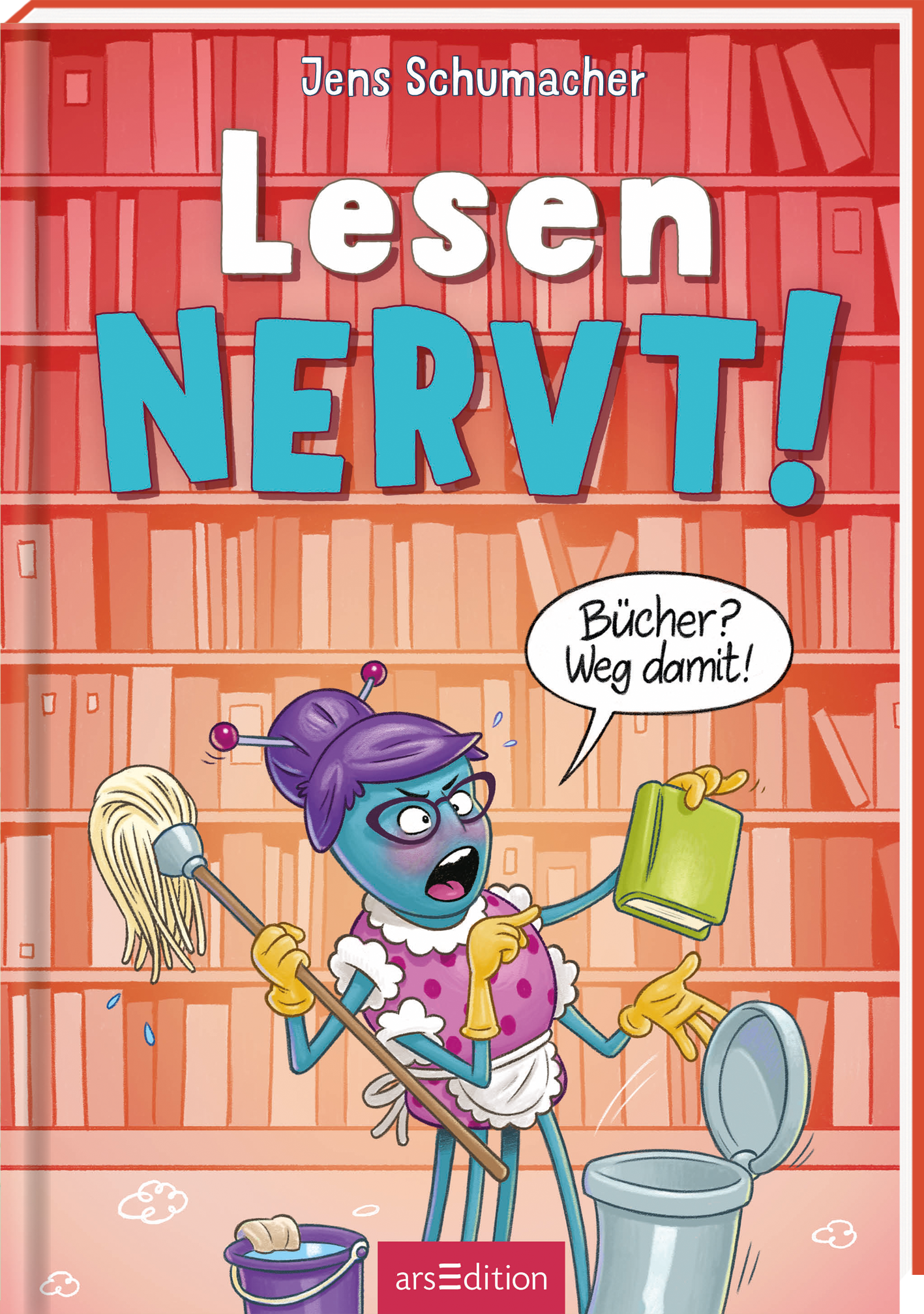 Das Buchcover zeigt eine blau-grüne Spinne mit lila Haaren und Brille. Sie trägt ein pinkes Kleid mit roten Punkten. In den Händen trägt sie Putzsachen und ist in Begriff ein Buch in einen Mülleimer zu werfen. Über ihr ist eine Sprechblase mit dem Text "Bücher? Weg damit!". Im Hintergrund sind Regale mit bunten Bücherreihen. Der Titel „Lesen NERVT!“ ist in großen, bunten Buchstaben auf hellrotem Grund platziert. Ganz unten mittig steht der Logoschriftzug von arsEdition.