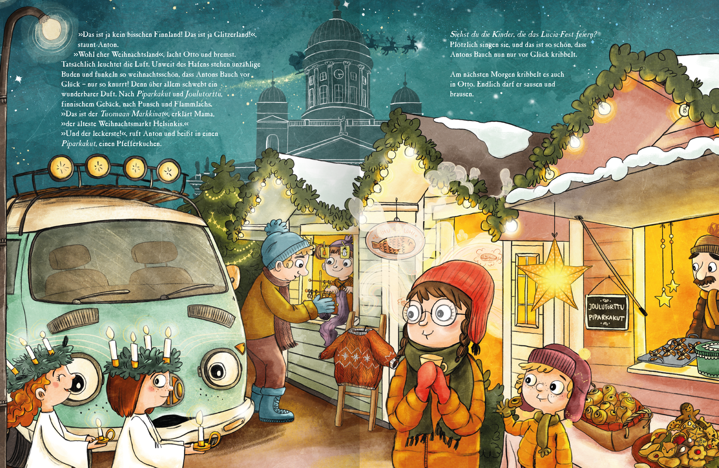 Gezeigt wird eine Innen- oder Zusatzansicht von „OTTO fährt los - Weihnachten in Finnland“. Die Illustration zeigt eine winterliche Landschaft mit schneebedeckten Bäumen und einem kleinen Holzhaus mit dampfendem Schornstein, das an einem zugefrorenen See steht. Auf der linken Seite steht ein Junge mit Mütze und Badehose, der durch den kalten Schnee trippelt. Rechts sieht man einen bunten Campingbus mit einer Kiste auf dem Dach. Die Mama geht über eine Leiter in den See, der Papa macht...
