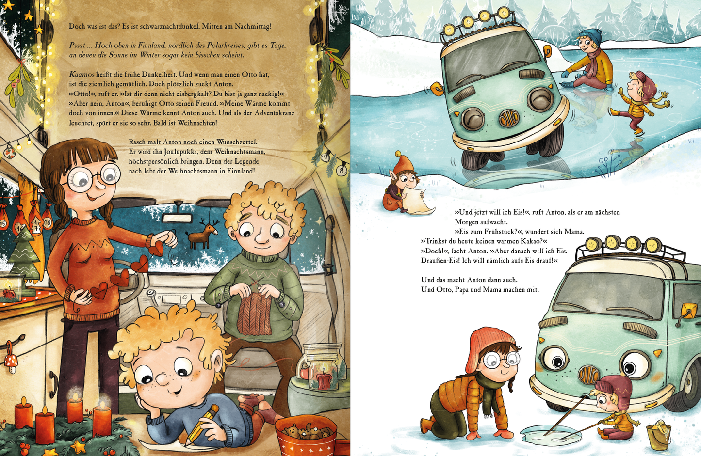Gezeigt wird eine Innen- oder Zusatzansicht von „OTTO fährt los - Weihnachten in Finnland“. Die Illustration zeigt ein Kind und zwei Erwachsene, die warm eingepackt in einer Schneelandschaft spielen: Iglu bauen, einen Schneeengel machen und Schneekugeln rollen. Ein türkisfarbener Camper mit orangefarbenen Vorhängen in den Fenstern spielt mit. Die Farben sind überwiegend hellblau und weiß, mit bunten Akzenten der Kleidung. Eine weihnachtliche Atmosphäre wird durch die Schneelandschaft...