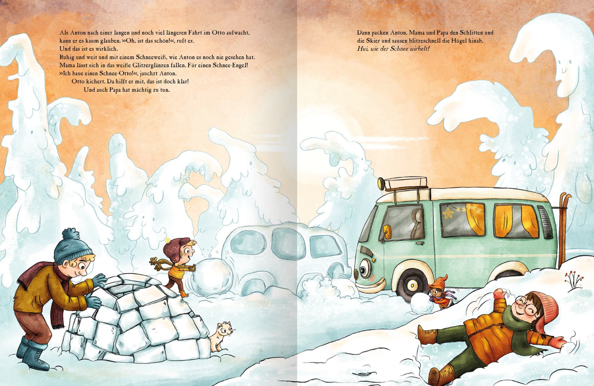 Gezeigt wird eine Innen- oder Zusatzansicht von „OTTO fährt los – Weihnachten in Finnland“. Die Illustrationen zeigen eine winterliche Szene mit schneebedeckten Hügeln und einem großen, bunten Wohnmobil. Links bauen Kinder einen Schneehaufen, während ein Hund neugierig zusieht. Die Farben sind hell und freundlich, mit sanften Blau- und Gelbtönen. Die Schrift ist in klaren, lesbaren Buchstaben gehalten, auf warmen Hintergründen, was eine fröhliche, einladende Atmosphäre schafft.