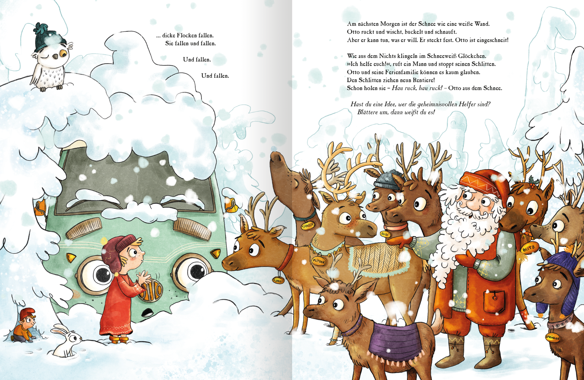 Gezeigt wird eine Innen- oder Zusatzansicht von „OTTO fährt los – Weihnachten in Finnland“. Die Doppelseite zeigt eine winterliche Szene mit viel Schnee und einem pechschwarzen Auto, das zum Teil von Schnee bedeckt ist. Auf der linken Seite steht ein fröhliches Mädchen mit einer roten Mütze, das ein Instrument in der Hand hält. Rechts sind mehrere fröhliche Rentiere und ein Weihnachtsmann mit rotem Mantel abgebildet. Die Illustration ist farbenfroh und lebhaft, mit einem...