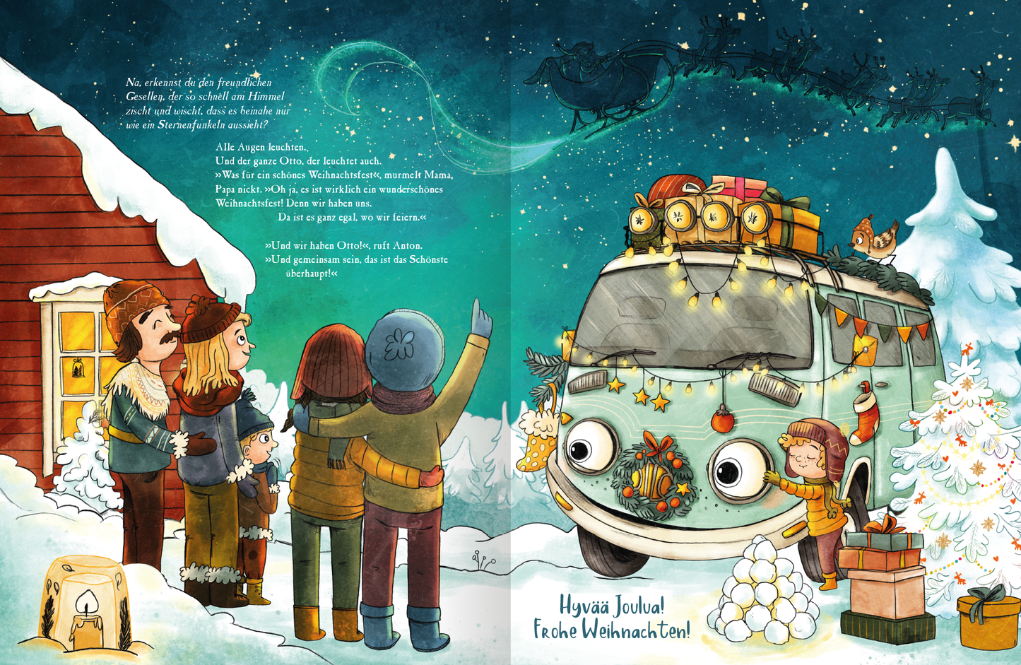 Gezeigt wird eine Innen- oder Zusatzansicht von „OTTO fährt los – Weihnachten in Finnland“. Die Illustration zeigt eine winterliche Szene mit schneebedeckten Tannen und einem blauen Fahrzeug, das mit Geschenken und Lichtern geschmückt ist. Mehrere Charaktere in warmer Kleidung stehen um das Auto und blicken neugierig. Farblich dominieren Blau-, Weiß- und Brauntöne, die eine festliche Stimmung erzeugen. Die Schrift „Hyvää Joulua! Frohe Weihnachten!“ ist fröhlich und einladend...