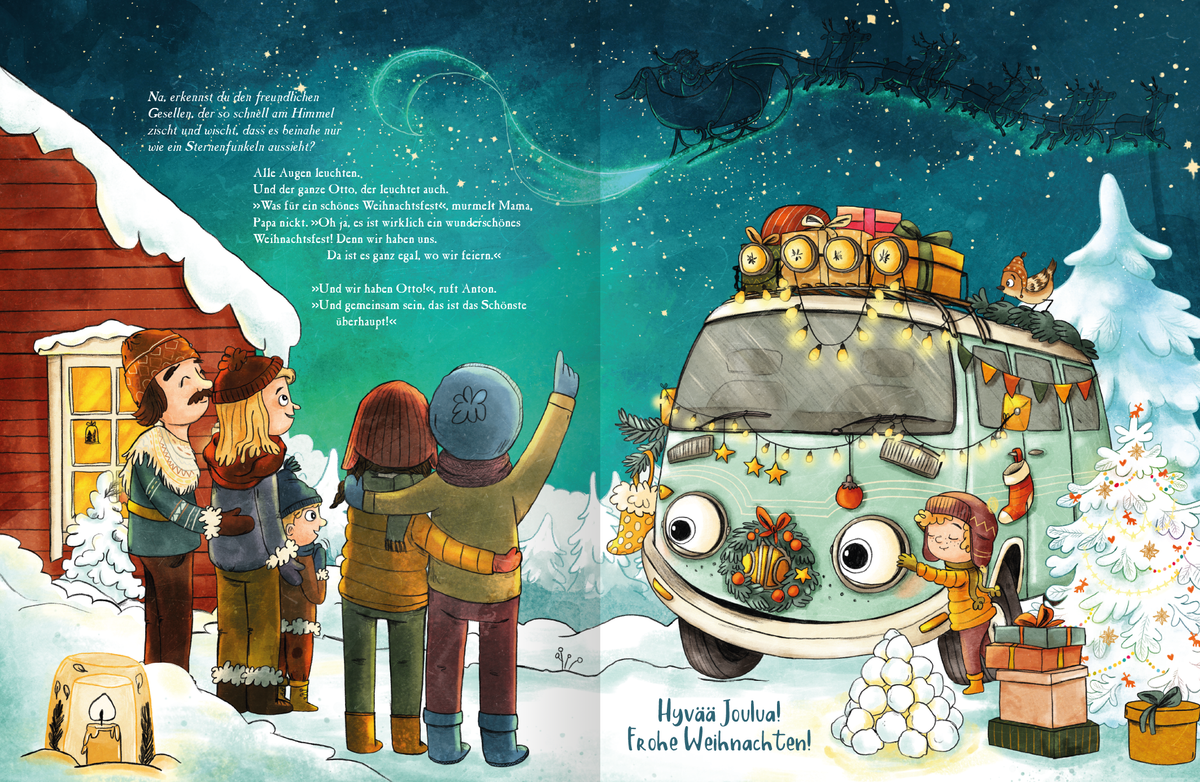Gezeigt wird eine Innen- oder Zusatzansicht von „OTTO fährt los – Weihnachten in Finnland“. Die Illustration zeigt eine winterliche Szene mit schneebedeckten Tannen und einem blauen Fahrzeug, das mit Geschenken und Lichtern geschmückt ist. Mehrere Charaktere in warmer Kleidung stehen um das Auto und blicken neugierig. Farblich dominieren Blau-, Weiß- und Brauntöne, die eine festliche Stimmung erzeugen. Die Schrift „Hyvää Joulua! Frohe Weihnachten!“ ist fröhlich und einladend...