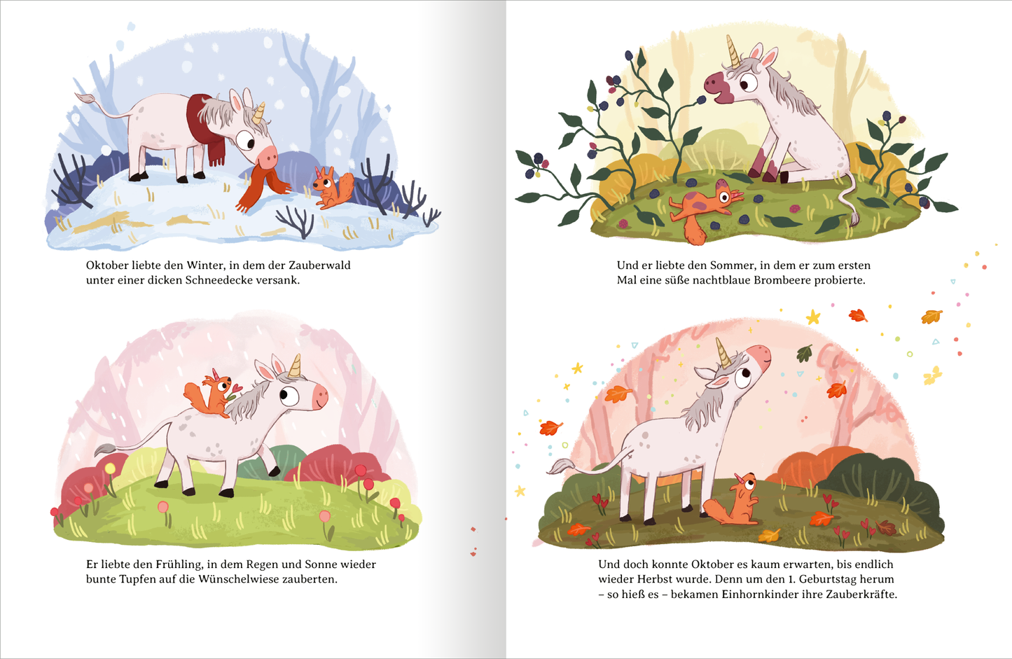 Gezeigt wird eine Innen- oder Zusatzansicht von „Ein Einhorn namens Oktober“. Die Seite zeigt vier Szenen, in denen das Einhorn Oktober die vier verschiedenen Jahreszeiten erlebt. Die Illustrationen sind in sanften Pastellfarben gehalten, dominiert von Blau, Gelb, Grün und Rosa. Die Szenen sind harmonisch gestaltet und vermitteln eine märchenhafte Atmosphäre durch liebevoll gezeichnete Tiere und Pflanzen und machen die Jahreszeiten erlebbar.
