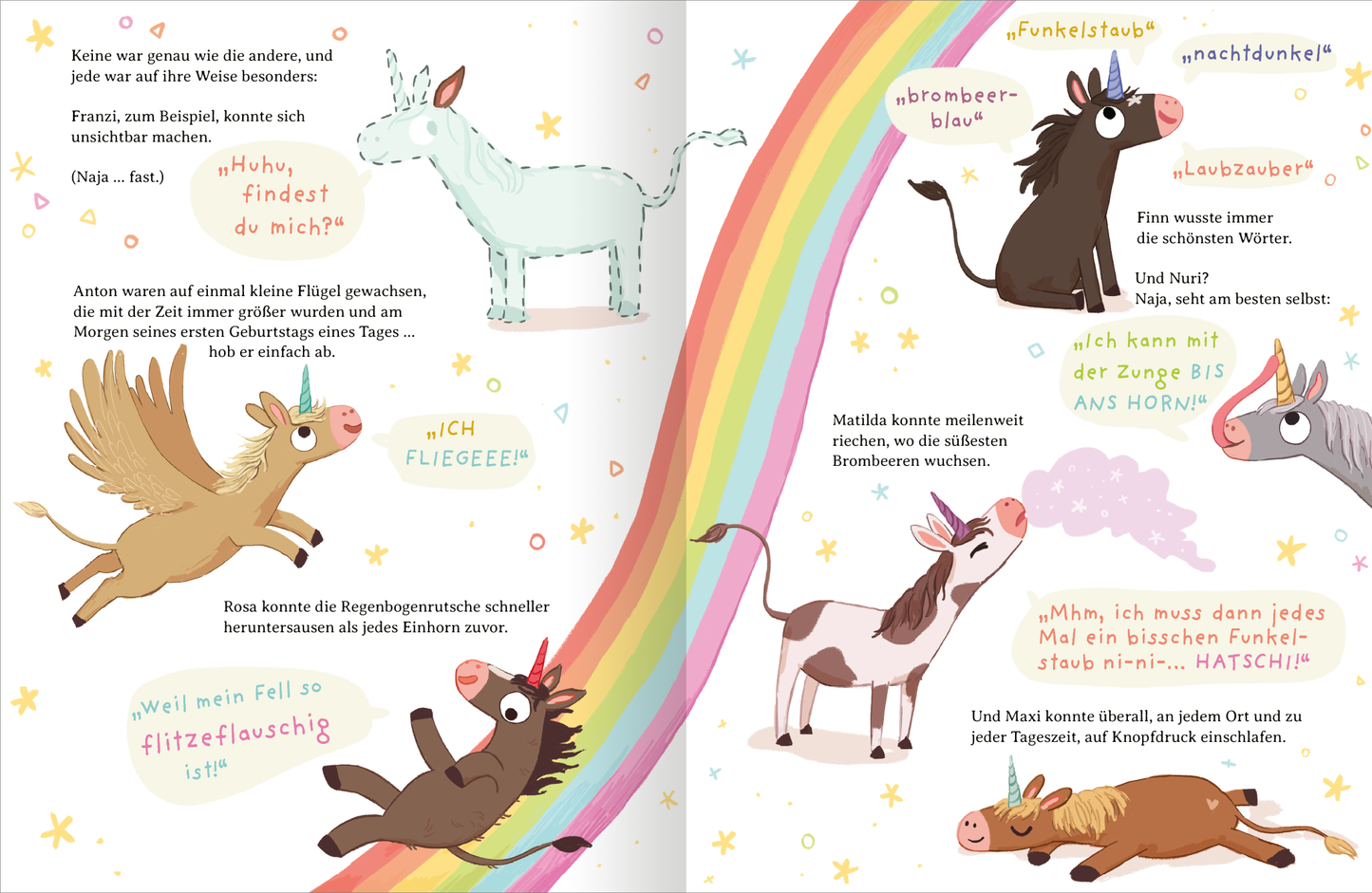 Gezeigt wird eine Innen- oder Zusatzansicht von „Ein Einhorn namens Oktober“. Die Bilder zeigen eine bunte Szenerie mit verschiedenen Einhörnern, die in lebhaften Farben wie Rosa, Hellblau und Braun dargestellt sind. Ein Regenbogen zieht sich durch die Seiten und wird von einem braunen Einhorn mit rotem Horn als Rutsche benutzt. Die typografischen Elemente sind in verspielten Schriftarten gestaltet, die die fröhliche, kindgerechte Atmosphäre unterstreichen. Neben den Illustrationen...