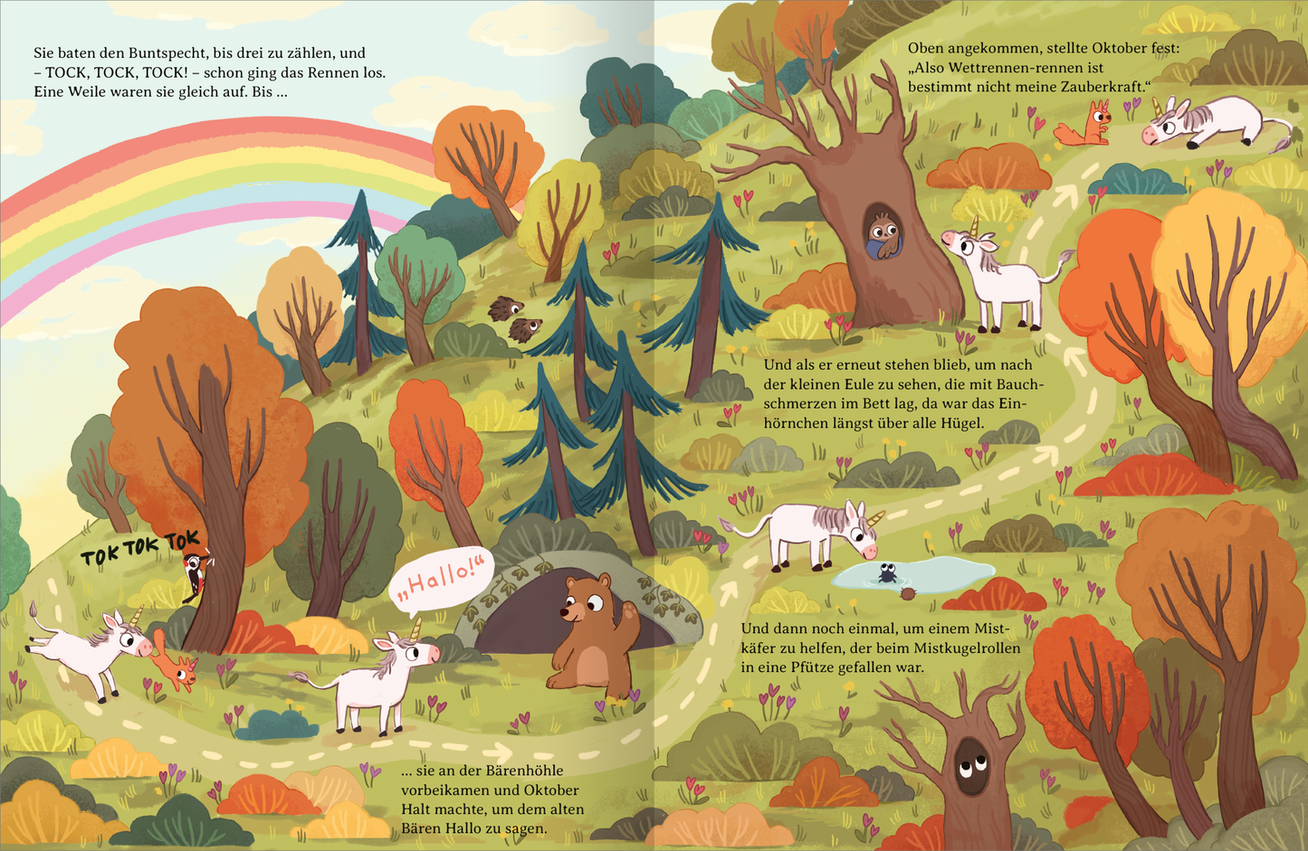 In der Innenseite des Buches „Ein Einhorn namens Oktober“ sieht man eine farbenfrohe Waldszene mit einer leuchtenden Regenbogenbrücke auf der linken Seite. Auf der linken Seite stehen zwei Einhörner in einem bunten Wald mit orangefarbenen und grünen Bäumen. Die Typografie enthält freundliche, handschriftliche Schriftzüge. Auf der rechten Seite sind Waldtiere zu sehen, darunter ein Bär, eine Eule und ein Baum mit neugierigen Augen, die aus einer Baumhöhle schauen. Die Illustration...