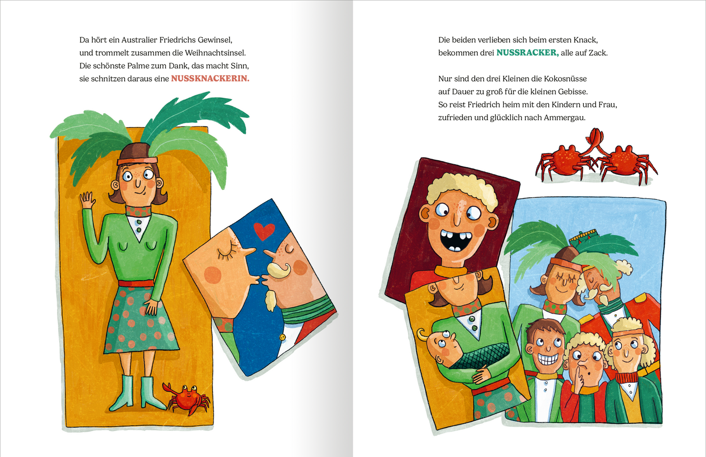 Gezeigt wird eine Innen- oder Zusatzansicht von „Der Kokosnussknacker“. Auf der linken Seite ist eine Frau mit einem grünen Kleid und Palmen im Hintergrund abgebildet, während sie freundlich lächelt und eine Hand hebt. Auf der rechten Seite sind mehrere humorvolle Charaktere in verschiedenen Farben, darunter ein Junge mit einem breiten Lächeln und fröhliche Gesichter. Die dominant verwendeten Farben sind kräftiges Grün, Gelb und Blau. Die Schrift ist groß und gut lesbar, was die...