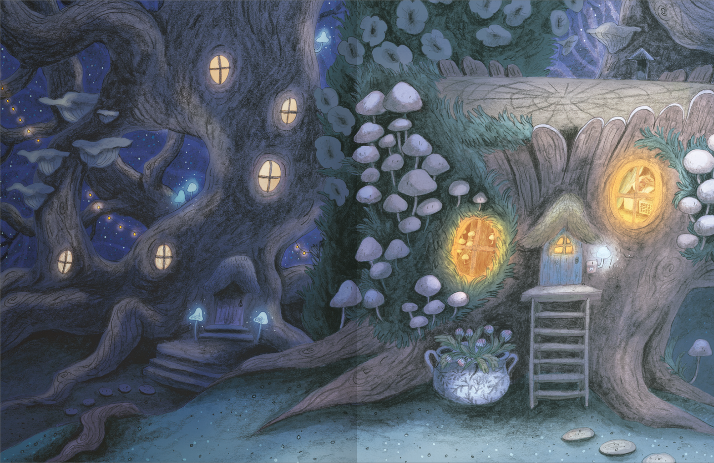 Gezeigt wird eine Innen- oder Zusatzansicht von „Die kleine Zahnfee“. Die Szene zeigt einen magischen Baum mit warm leuchtenden Fenstern. Links ist eine Treppe, die zu einem der Eingänge führt, umgeben von großen Pilzen und sanften Farben in Blau- und Grüntönen. Die Typografie fällt durch kindliche, verspielte Buchstaben auf, die die Atmosphäre der Fantasie unterstreichen. Die gesamte Darstellung strahlt eine einladende und verträumte Stimmung aus.